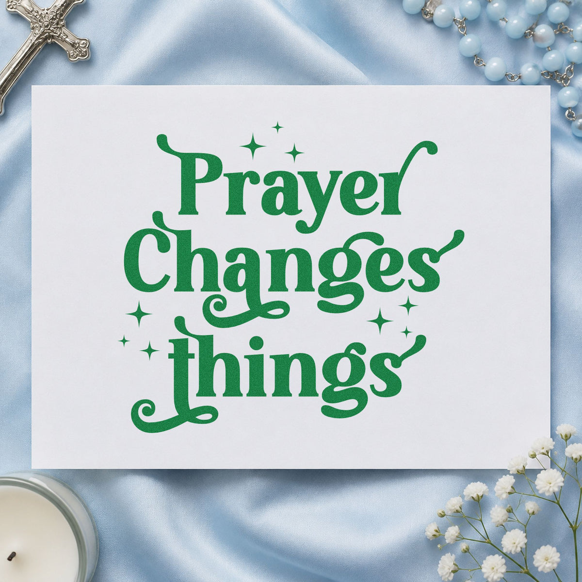 Prayer Changes Things craft stamp imprint in green ink on a handmade project, one idea being framed library art.