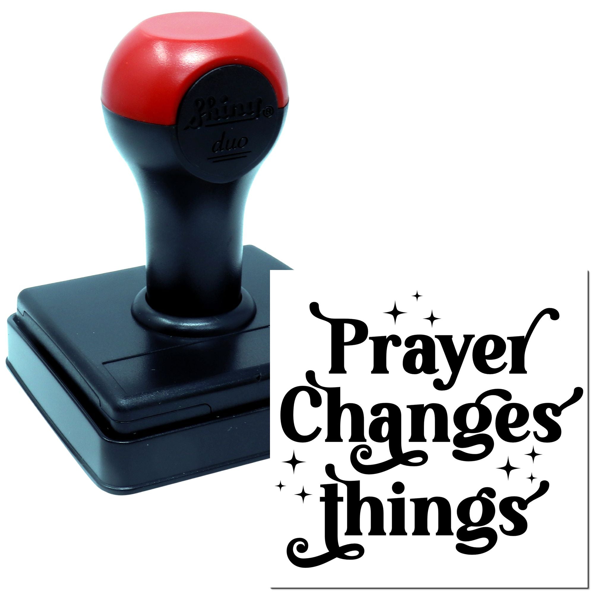 Prayer Changes Things rubber stamp with bold lettering and decorative stars for faith-based crafting and custom stamping.