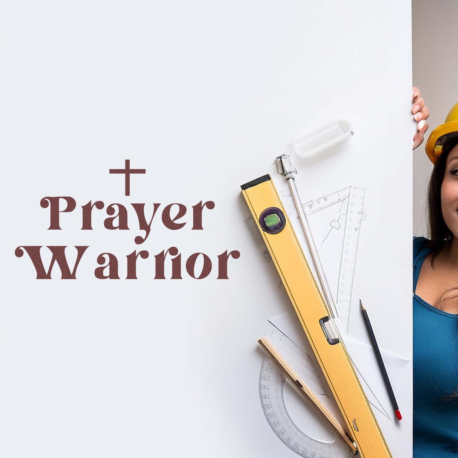 Prayer Warrior rubber stamp design with cross, construction tools, and hard hat for faith-based builder or ministry projects.