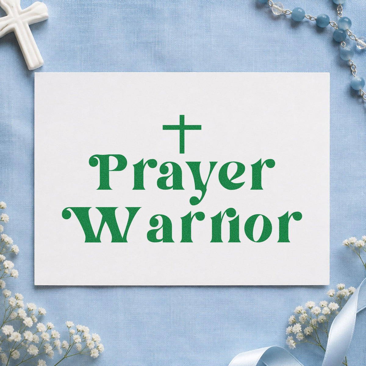 Prayer Warrior craft stamp imprint in green ink on a handmade project, one idea being framed study art.