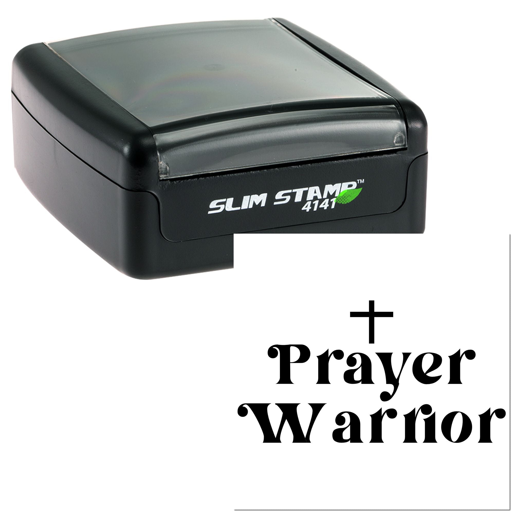 Faith-based custom self-inking rubber stamp with Prayer Warrior and cross imprint.