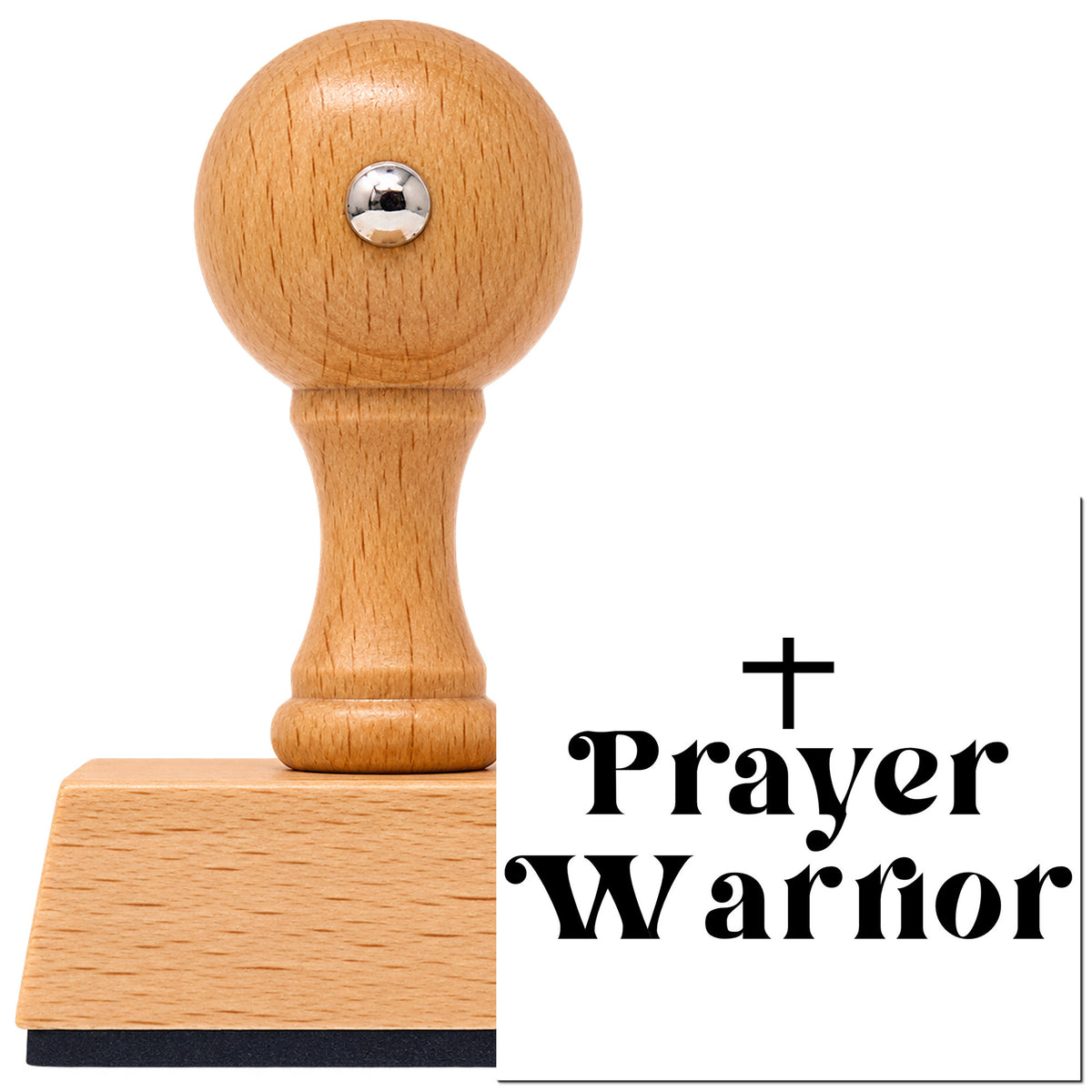 Prayer Warrior Cross Accent Vintage Pro rubber stamp in European beech wood with a round knob handle, shown beside its black imprint.
