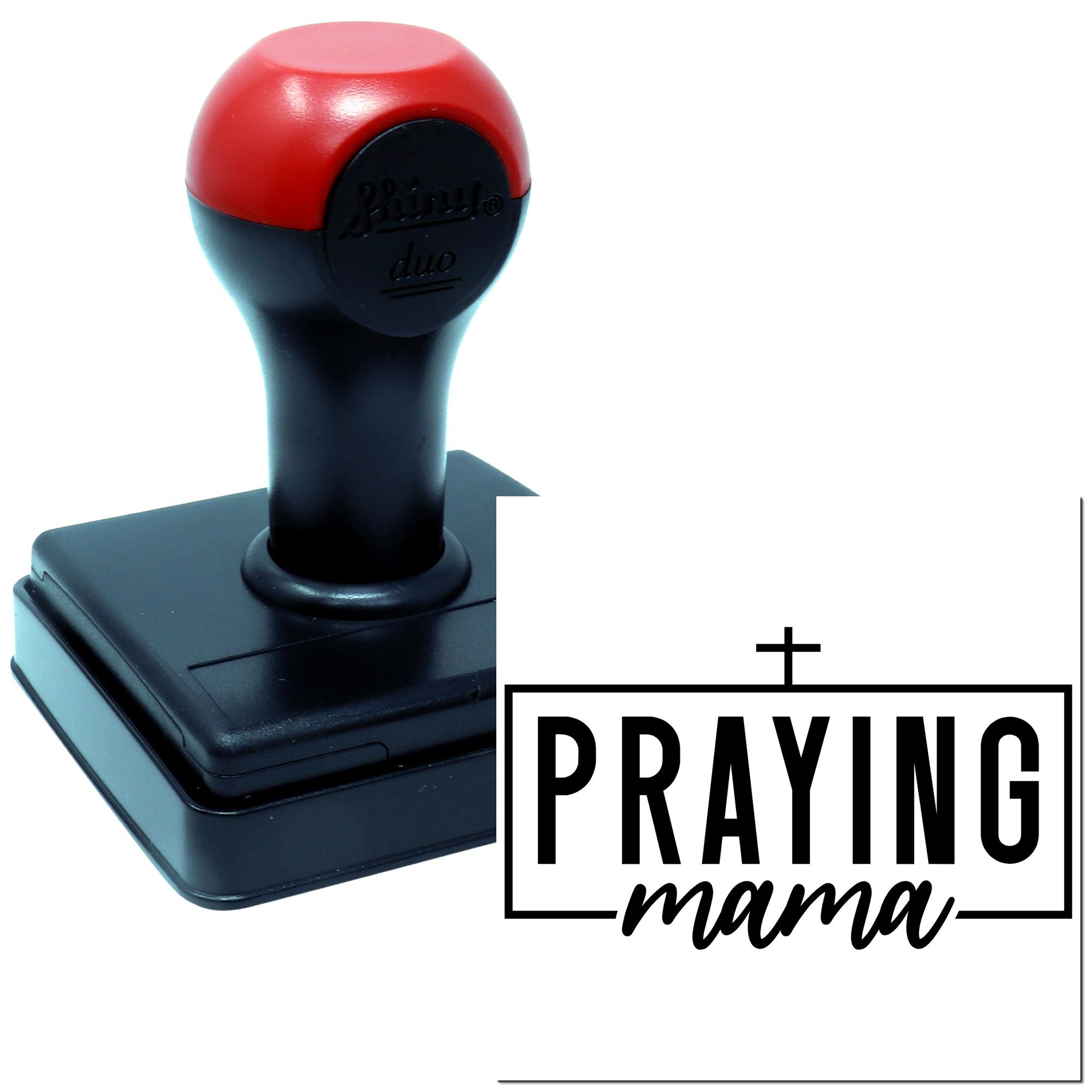Custom Praying Mama rubber stamp with bold text and script design, perfect for faith-based handmade cards and craft projects.