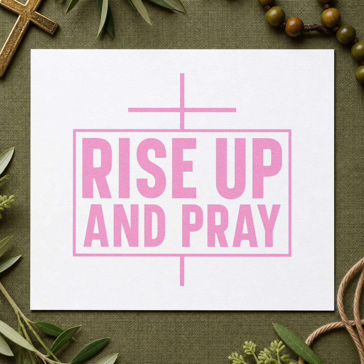 Rise Up and Pray craft stamp in purple ink on cardstock, an easy option for early prayer invites.
