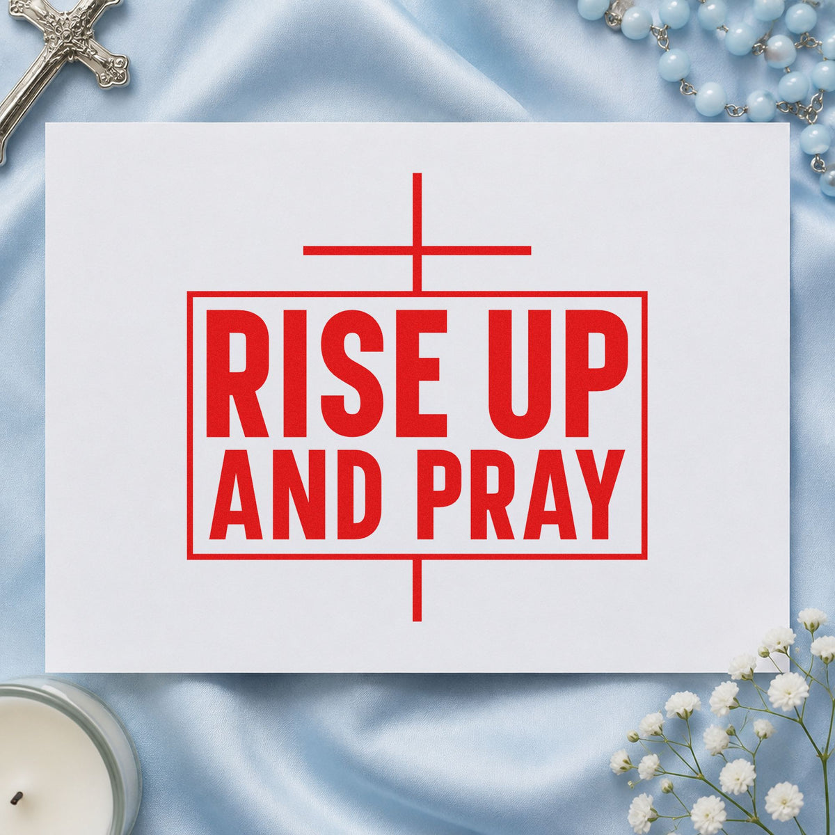 Rise Up and Pray rubber stamp shown in red ink, stamped for projects such as men's group gifts.