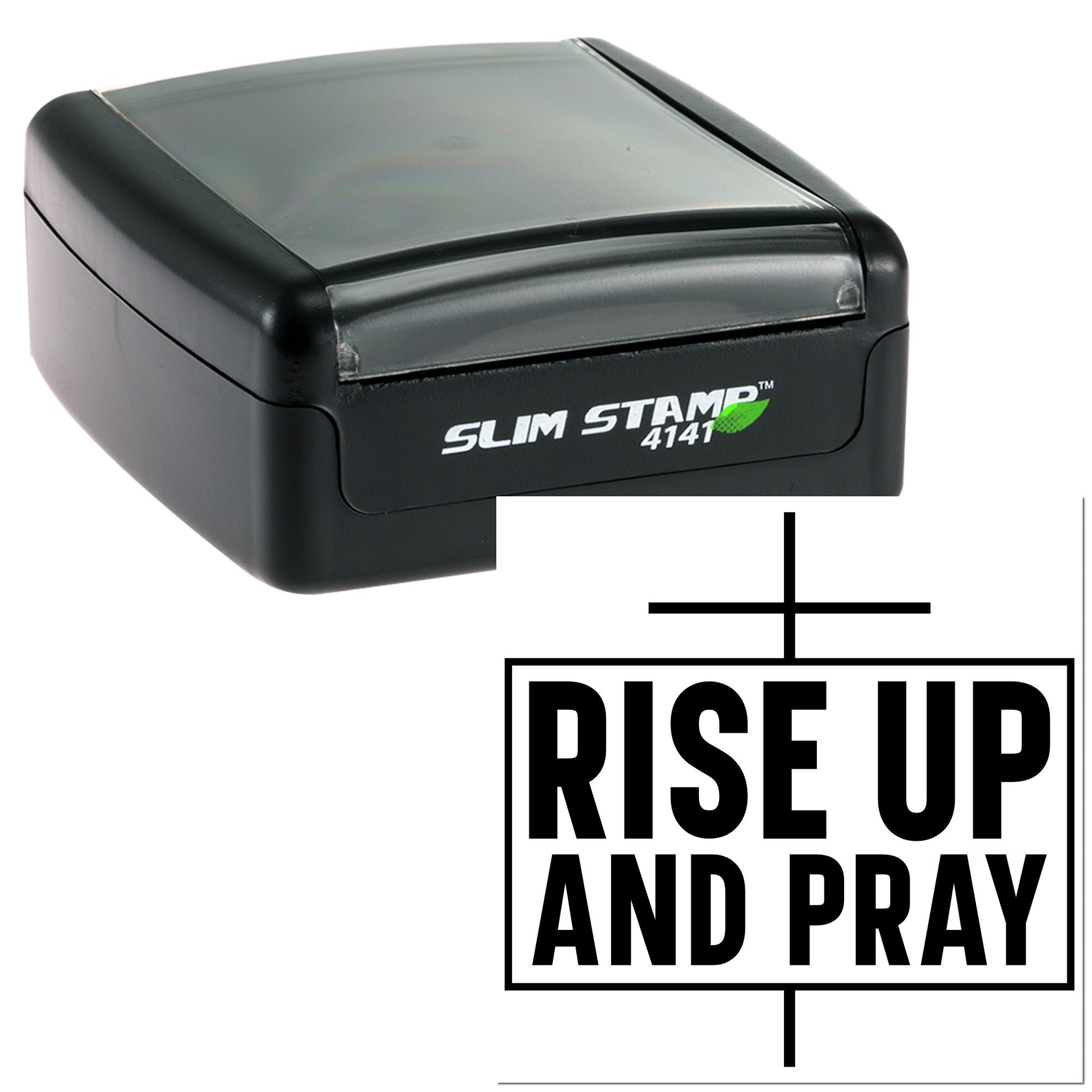 Self-inking rubber stamp with Rise Up and Pray imprint for custom faith-based office or church use.