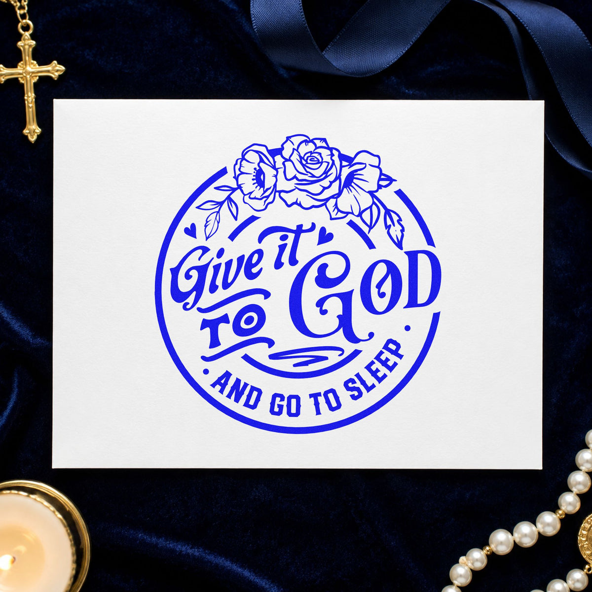 Give It to God craft stamp imprinted in blue ink on paper, a design suited to canvas pillow covers.