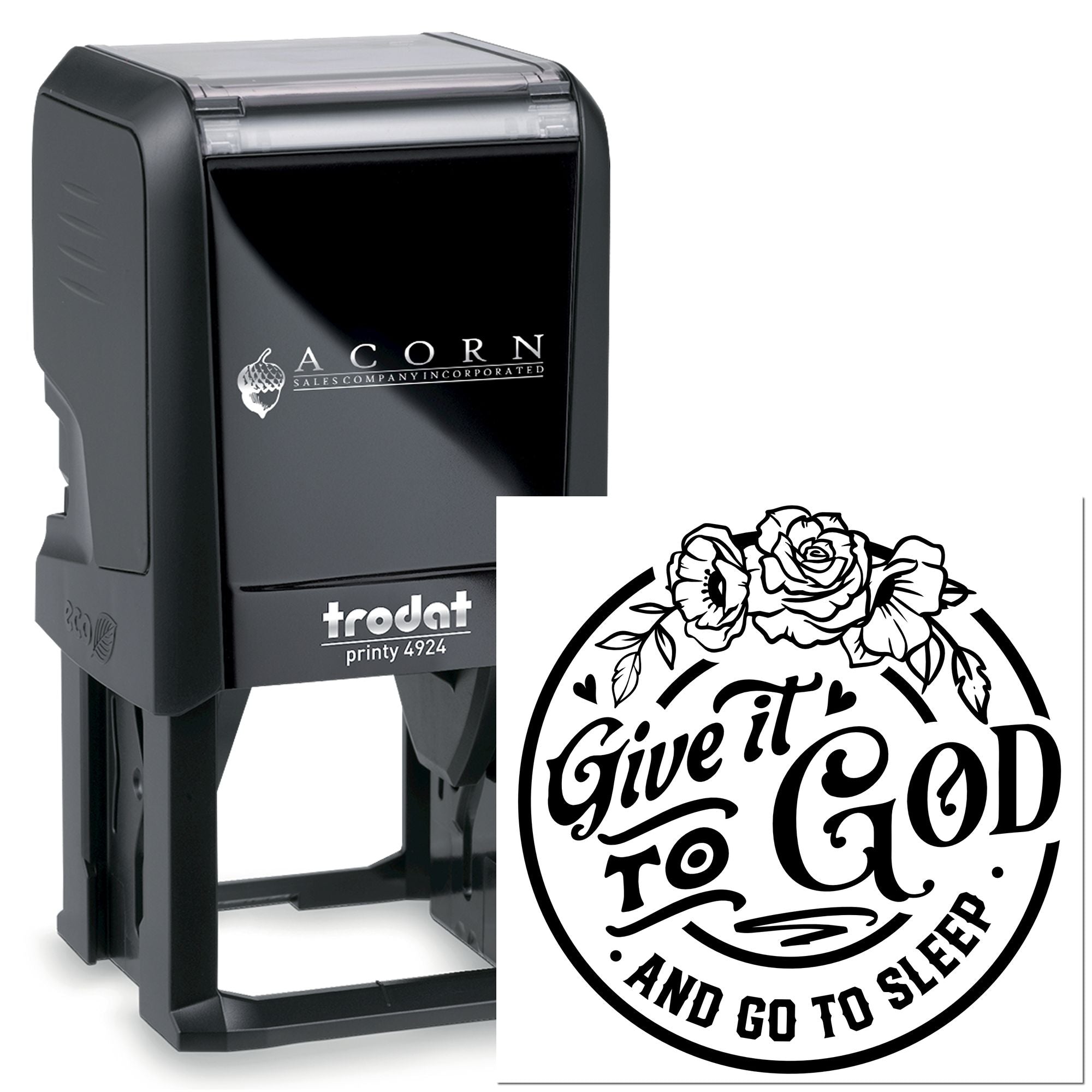 Trodat self-inking custom rubber stamp with floral Give it to God and go to sleep design for faith-based crafts and cards.