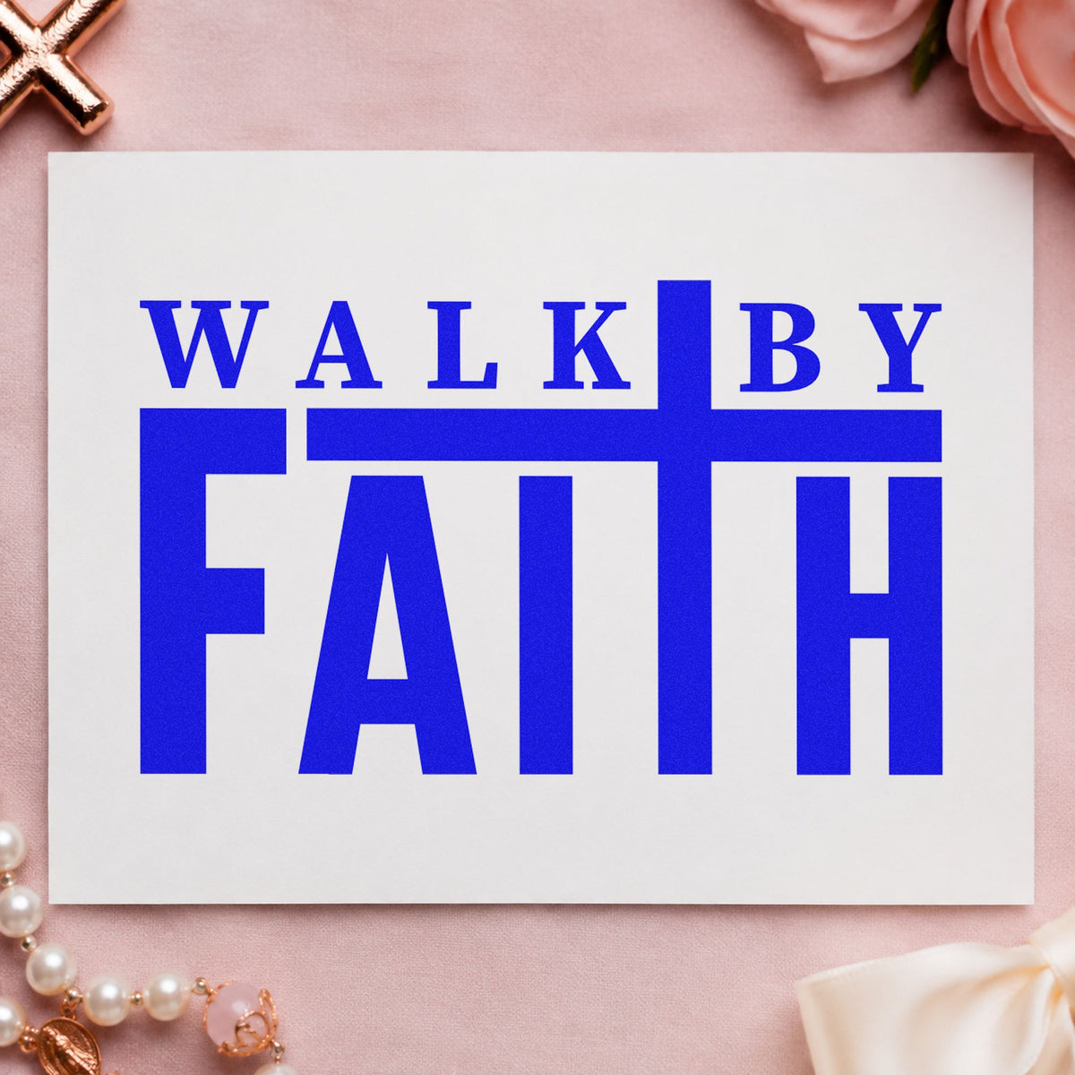 Walk by Faith craft stamp imprinted in blue ink on paper, a design suited to hiking boot gifts.