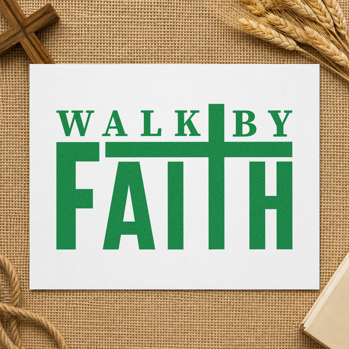 Walk by Faith craft stamp imprint in green ink on a handmade project, one idea being framed entry art.