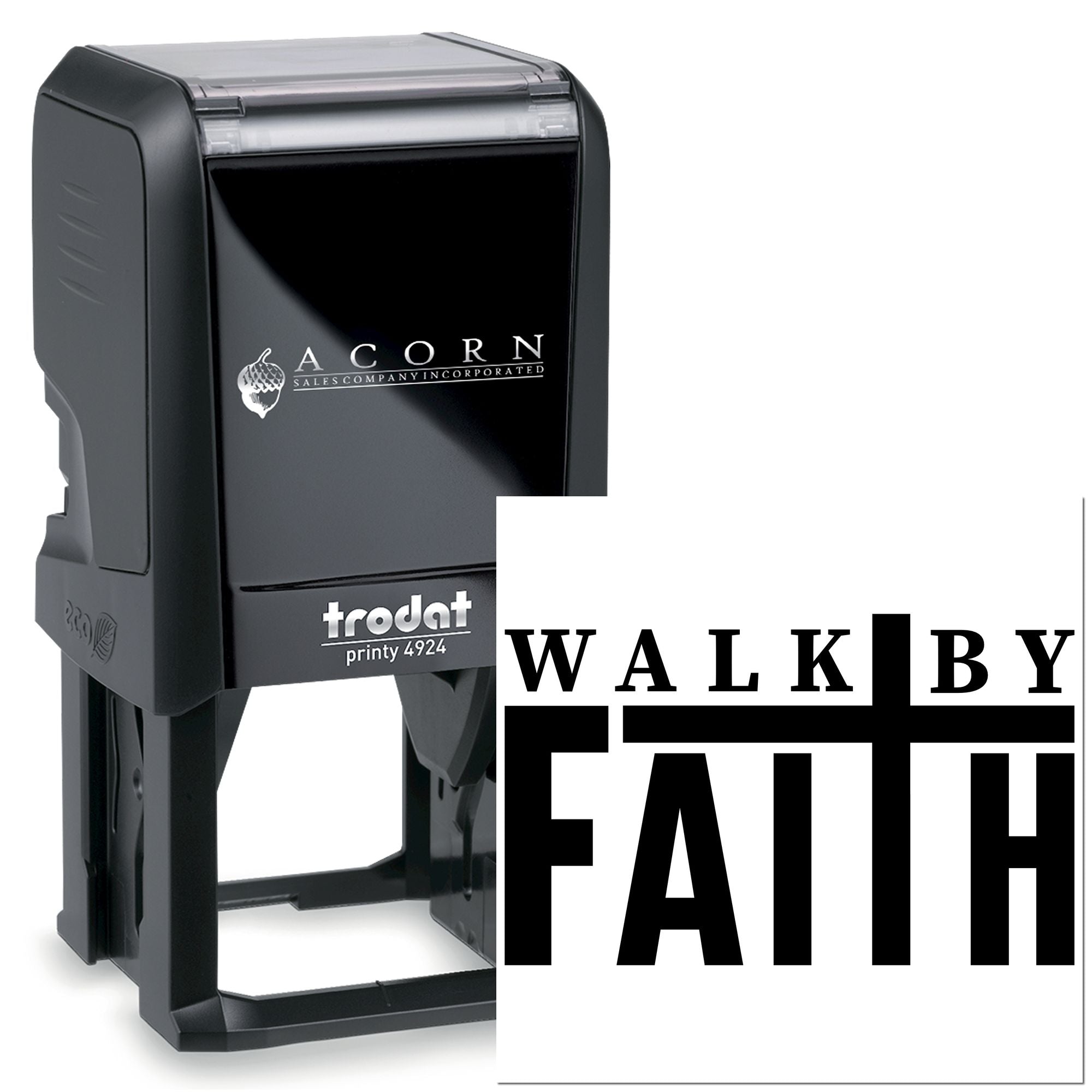 Custom self-inking rubber stamp with Walk by Faith message, ideal for faith-based branding and crafts.