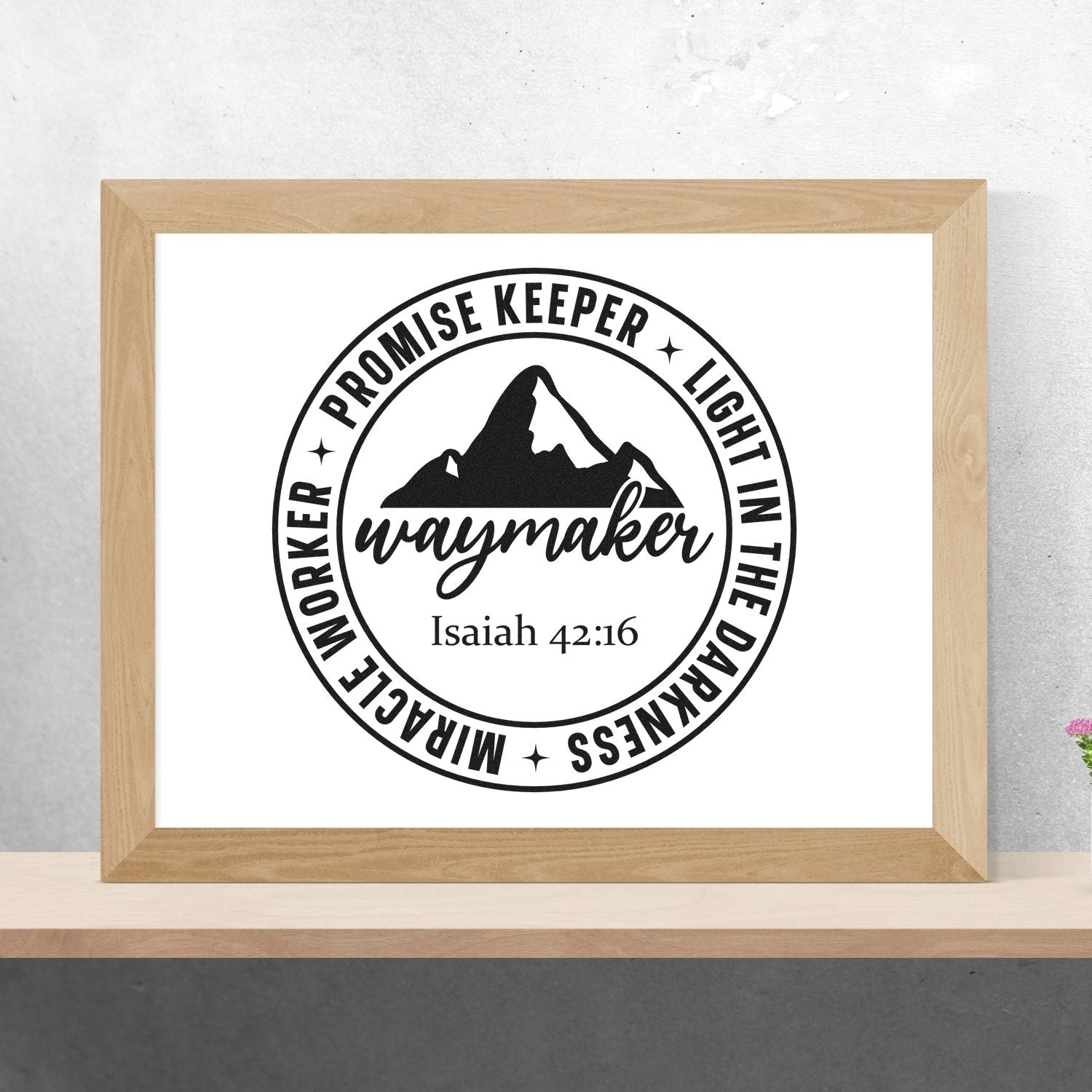 Christian Waymaker rubber stamp mockup with mountain icon, Promise Keeper, Miracle Worker, Light in the Darkness, Isaiah 42:16.