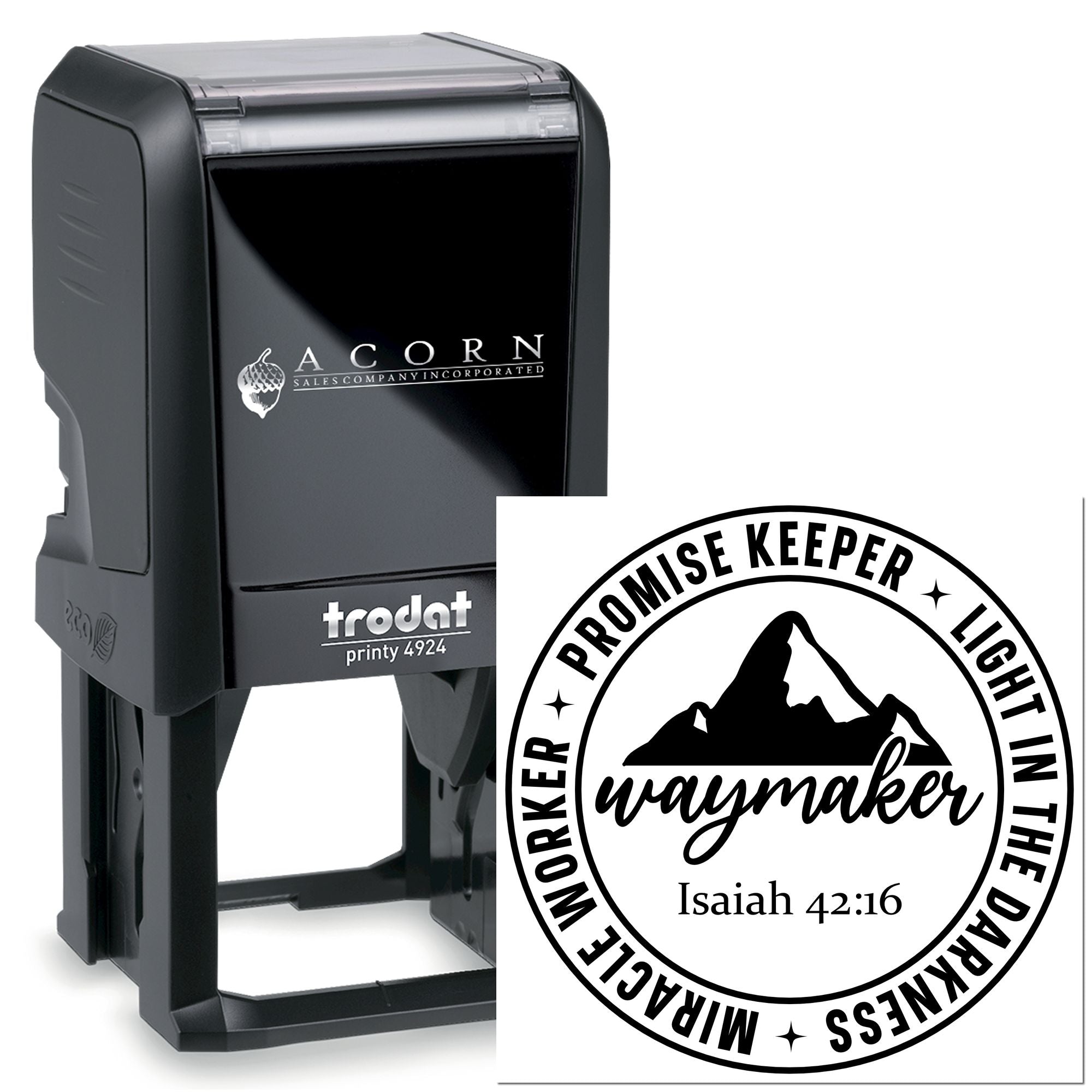 Trodat self-inking rubber stamp with custom church logo, Isaiah 42:16 verse, and Promise Keeper, Light in the Darkness design.
