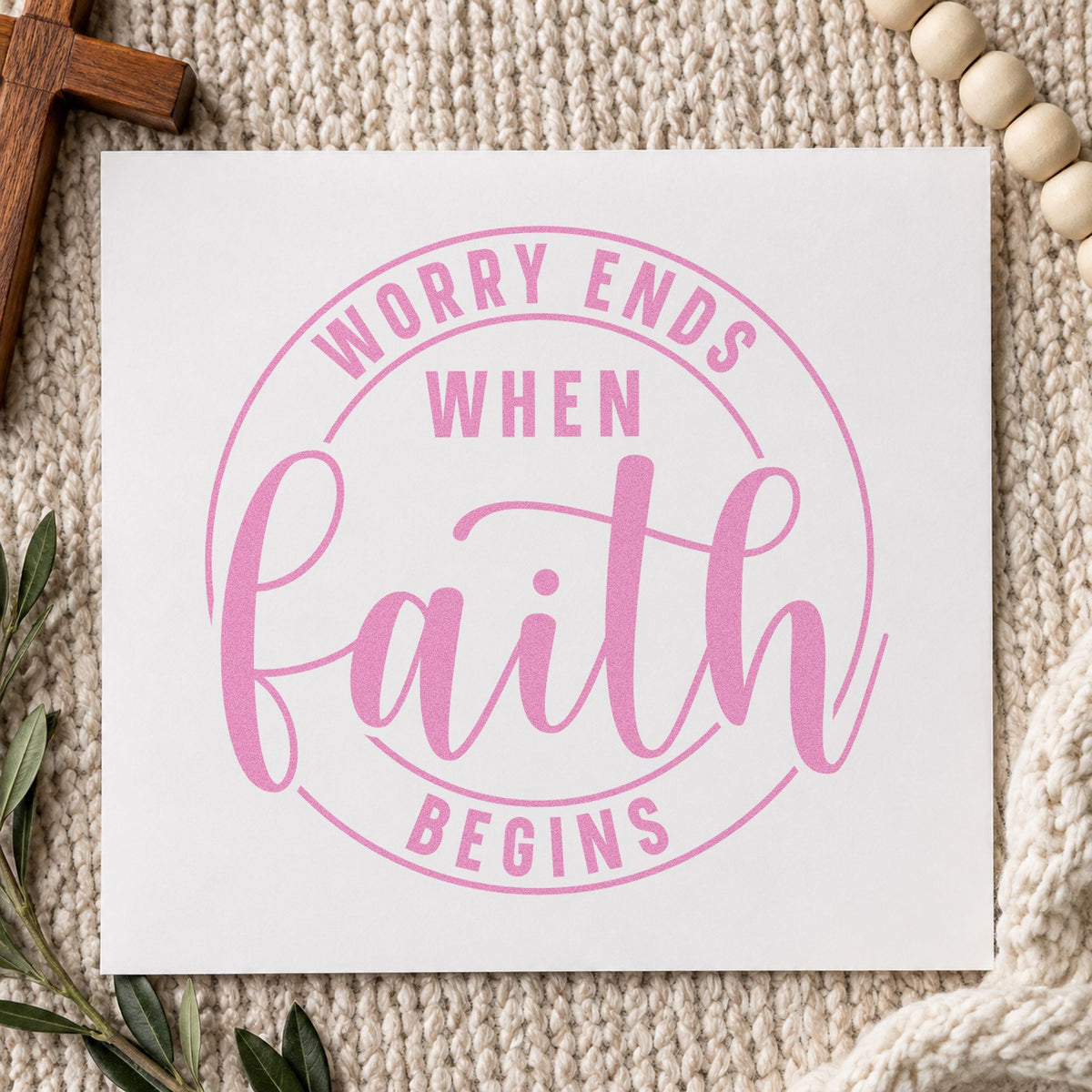 Worry Ends When Faith Begins craft stamp in purple ink on cardstock, an easy option for anxiety support notes.