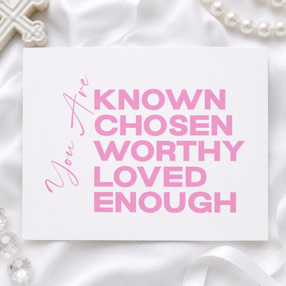 You Are Known and Loved craft stamp in purple ink on cardstock, an easy option for foster care welcome kits.