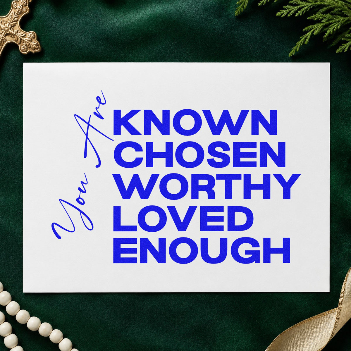You Are Known and Loved craft stamp imprinted in blue ink on paper, a design suited to girls' retreat favors.