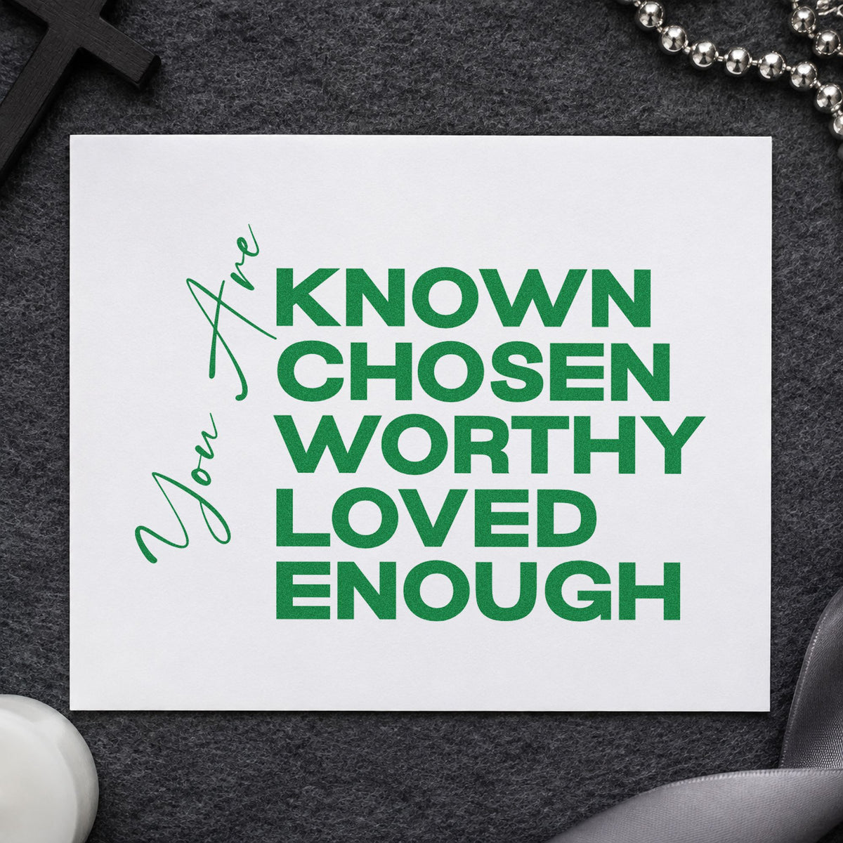 You Are Known and Loved craft stamp imprint in green ink on a handmade project, one idea being framed bedroom art.