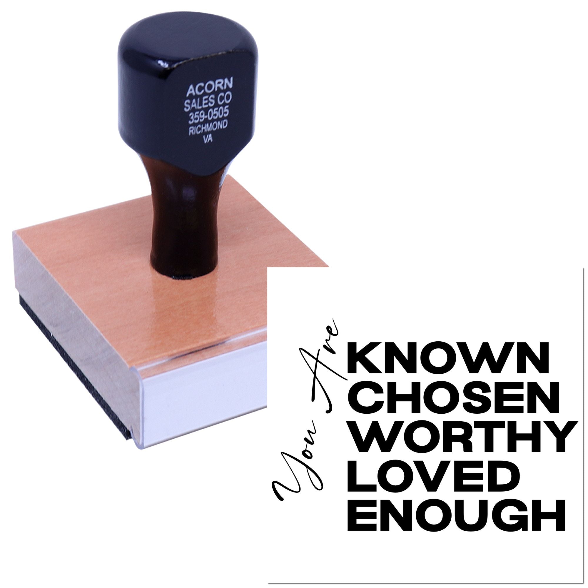 Inspirational custom rubber stamp with Known, Chosen, Worthy, Loved, Enough message for cards, crafts, and branding.