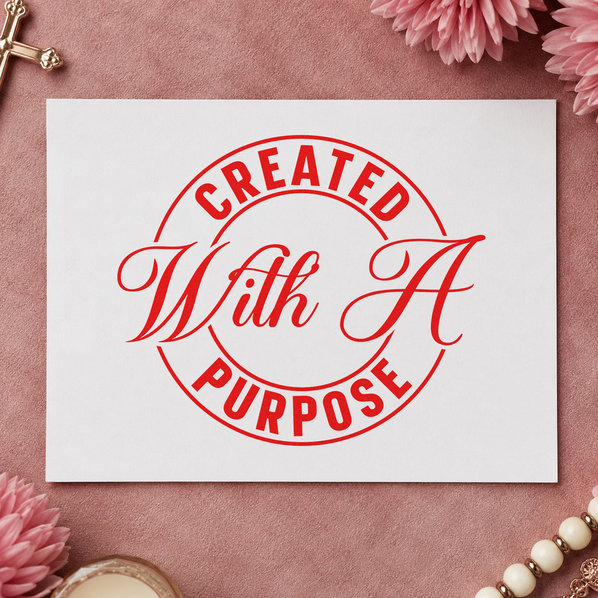 Created with a Purpose Badge rubber stamp shown in red ink, stamped for projects such as baby dedication gifts.