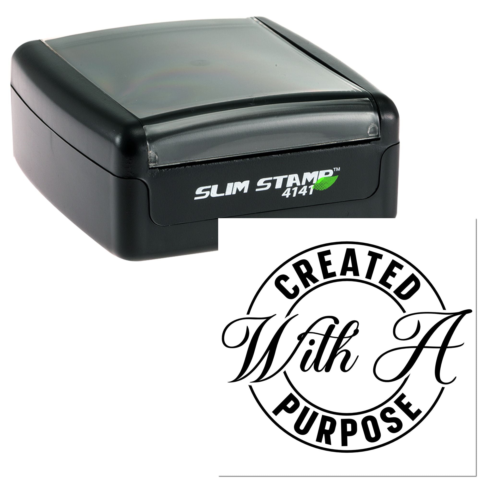 Custom self-inking rubber stamp with Created With A Purpose design for branding, crafts, and business use.
