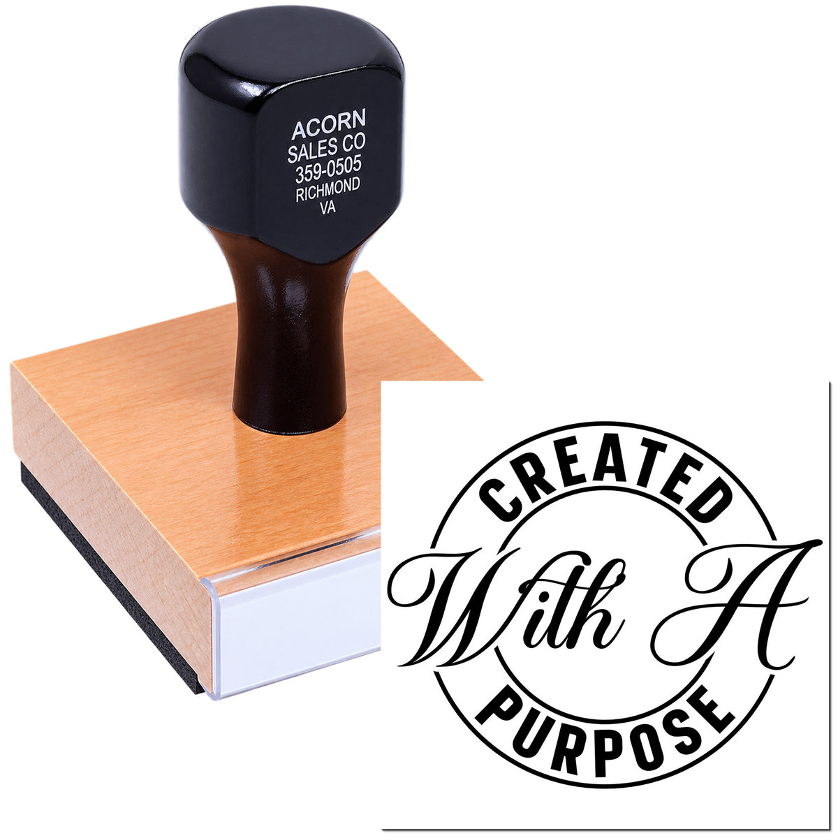 Custom rubber stamp with Created With a Purpose logo on wooden mount for branding, crafts, and packaging.