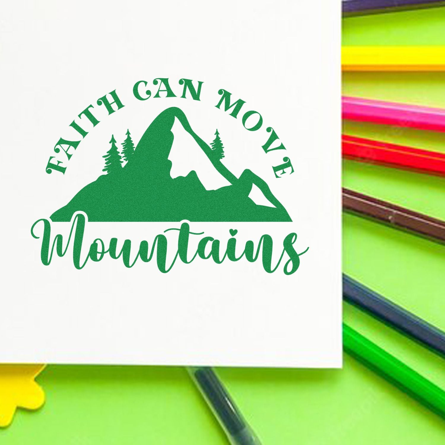 Faith Can Move Mountains rubber stamp with mountain graphic, ideal for inspirational crafting and religious projects.