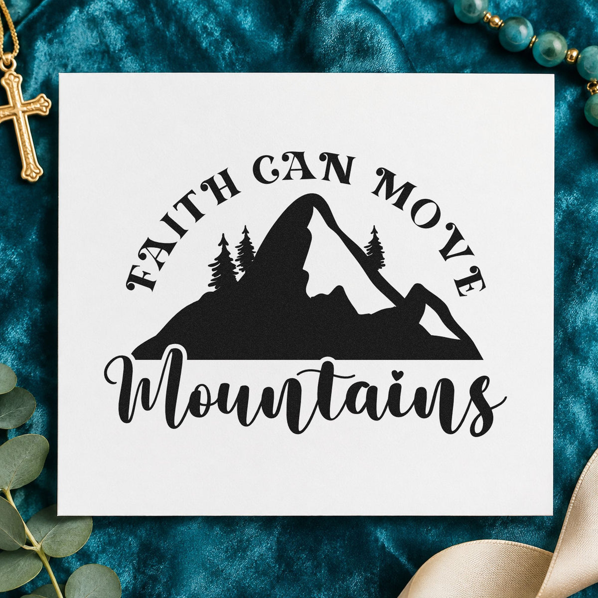 Faith Moves Mountains Silhouette rubber stamp printed in black ink, ready for arched mountain cards and similar paper crafts.