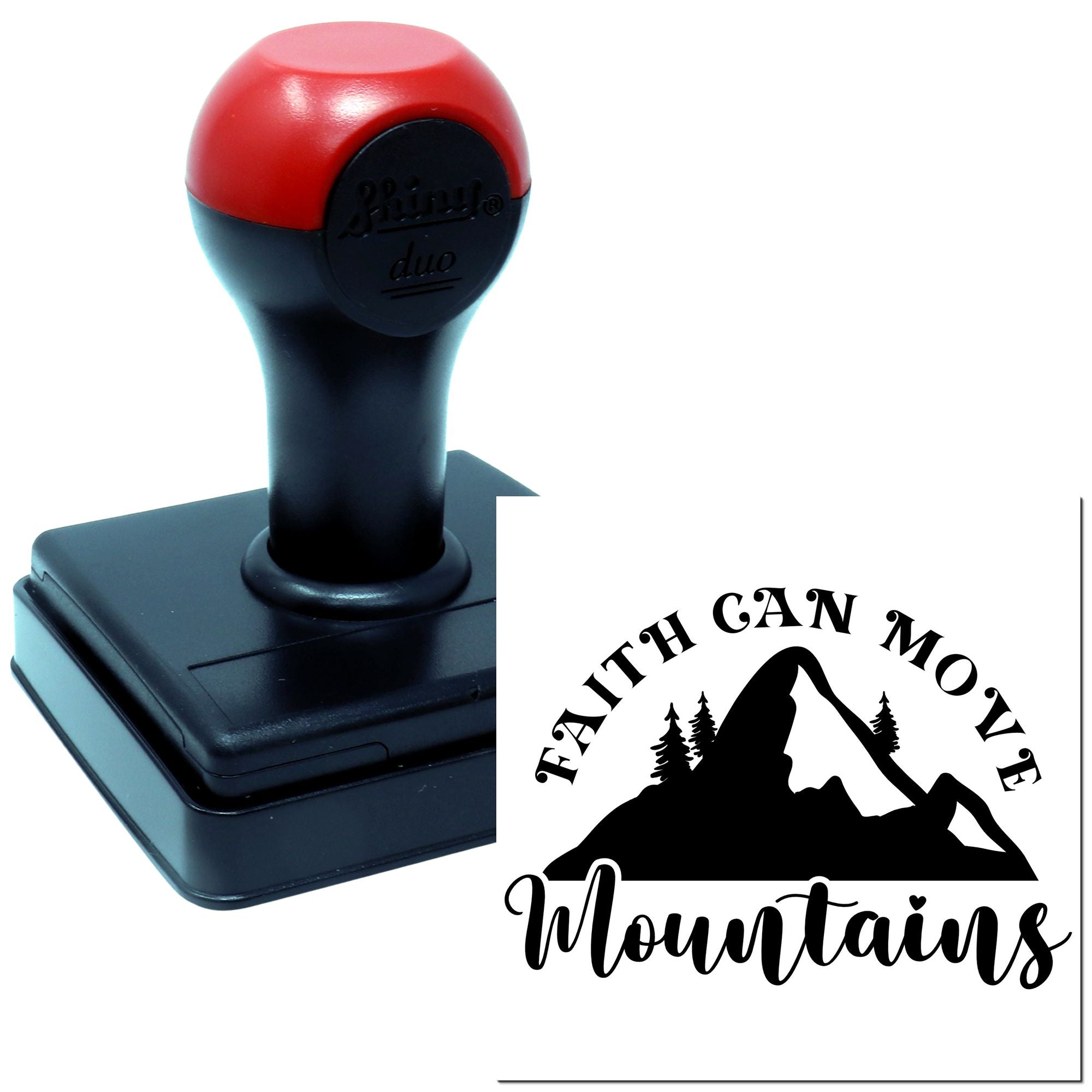 Custom self-inking rubber stamp with Faith Can Move Mountains mountain logo imprint for personalized branding or craft use.