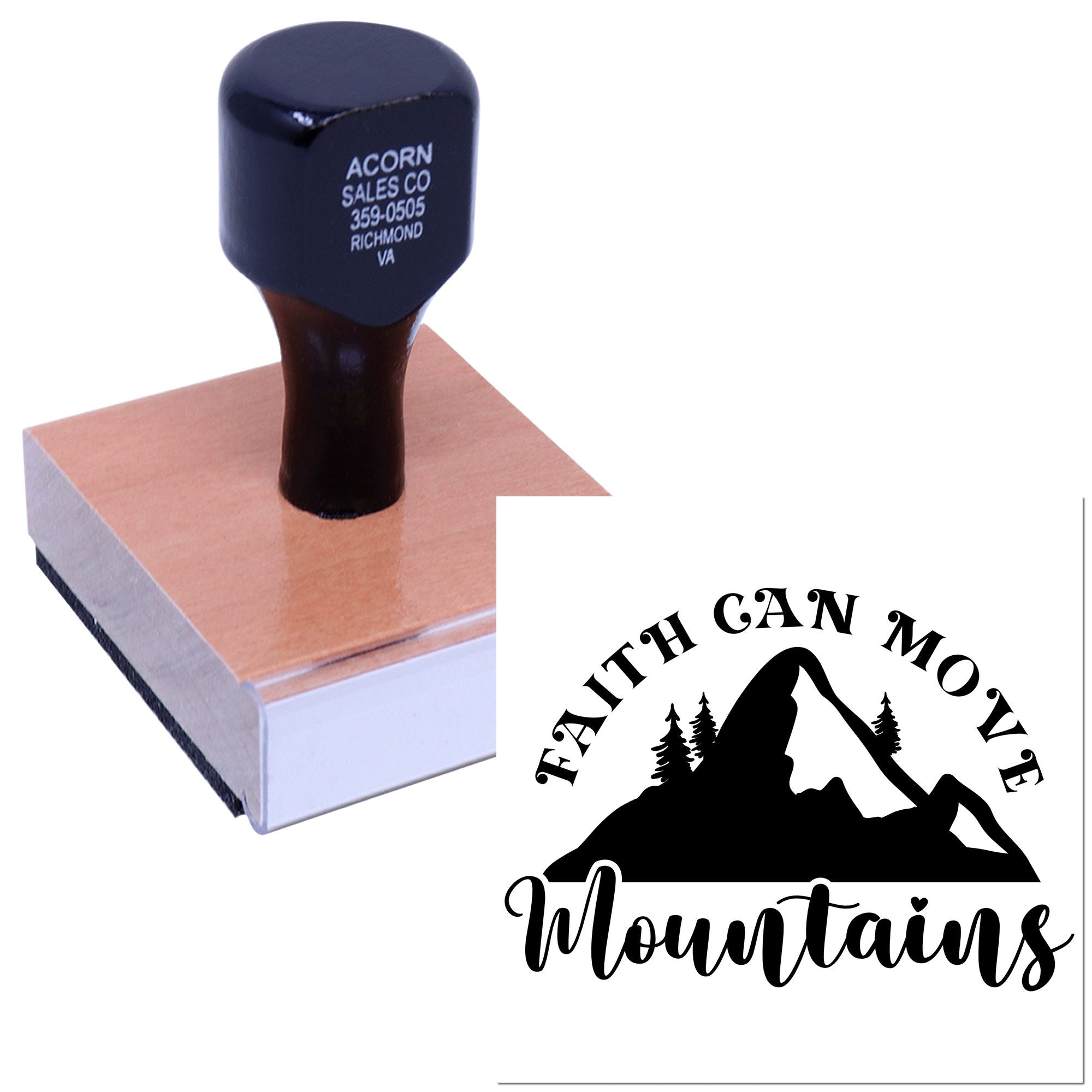 Custom rubber stamp with Faith Can Move Mountains mountain logo for personalized branding, crafts, or packaging.