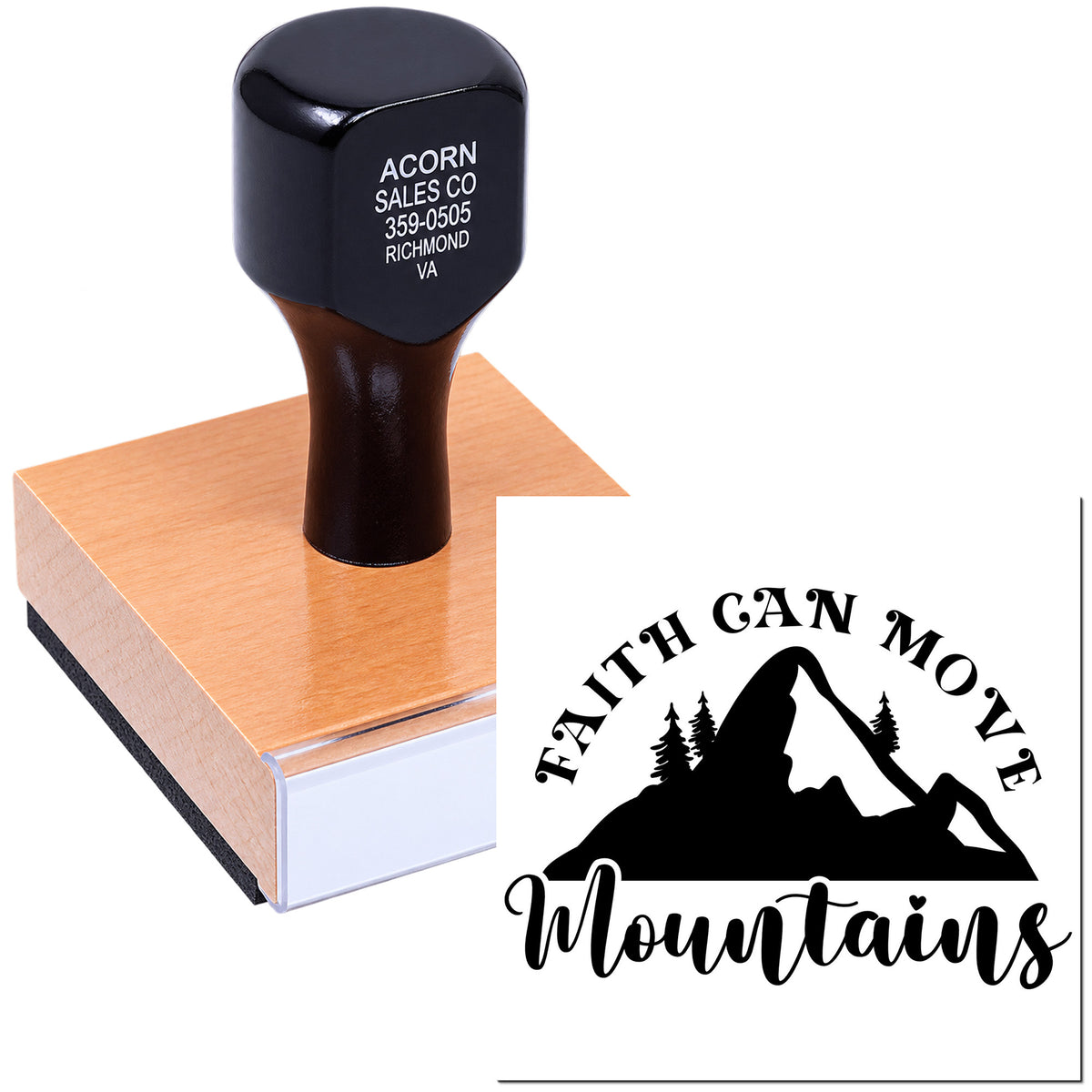Custom rubber stamp with Faith Can Move Mountains mountain logo for personalized branding, crafts, or packaging.