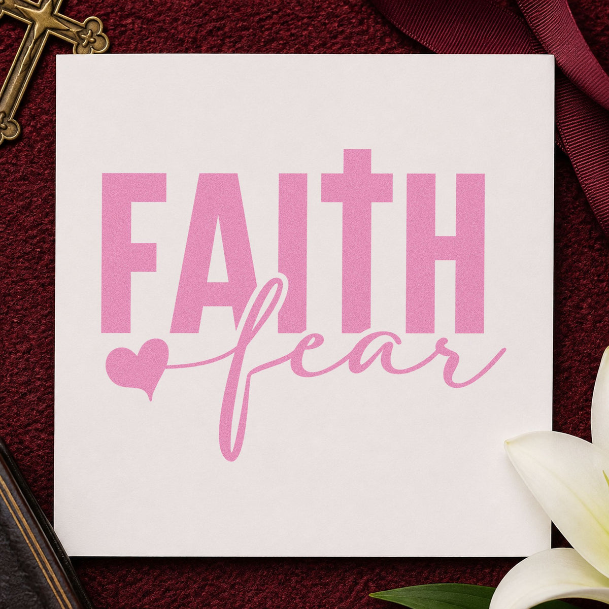 Faith over Fear Block craft stamp in purple ink on cardstock, an easy option for skydive gift tags.