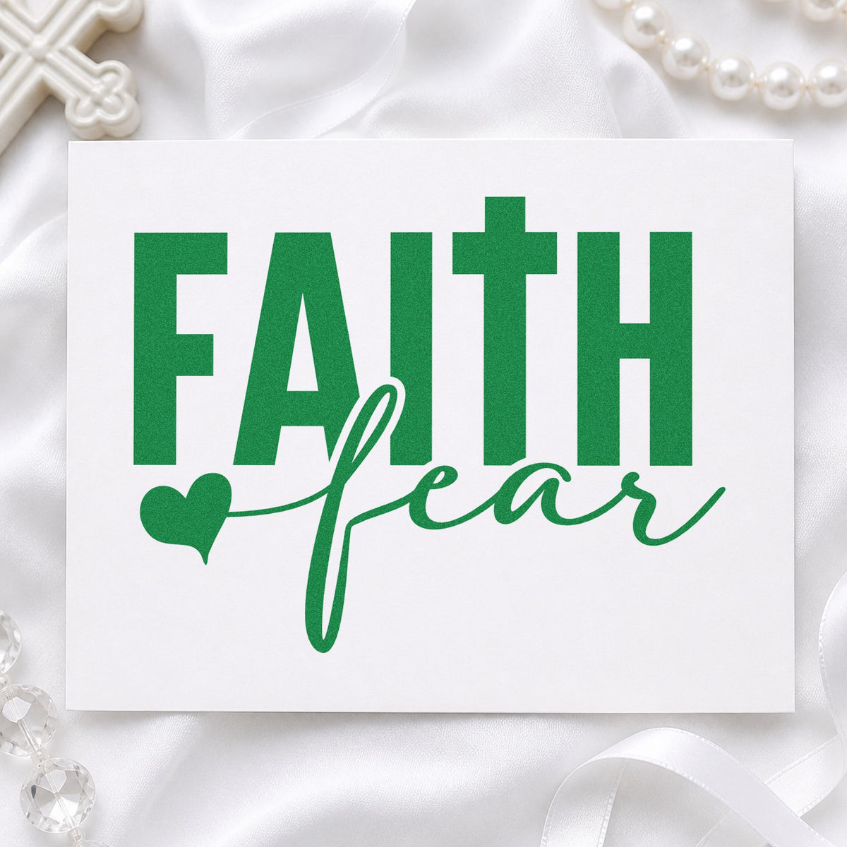 Faith over Fear Block craft stamp imprint in green ink on a handmade project, one idea being swim meet notes.