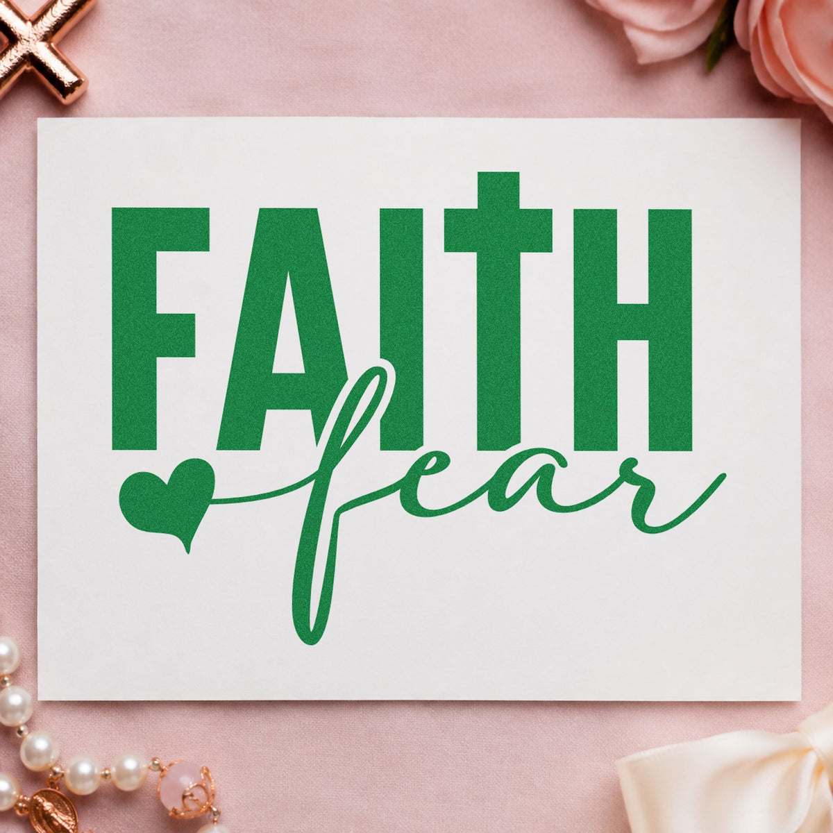Faith over Fear Block craft stamp imprint in green ink on a handmade project, one idea being framed bedroom art.