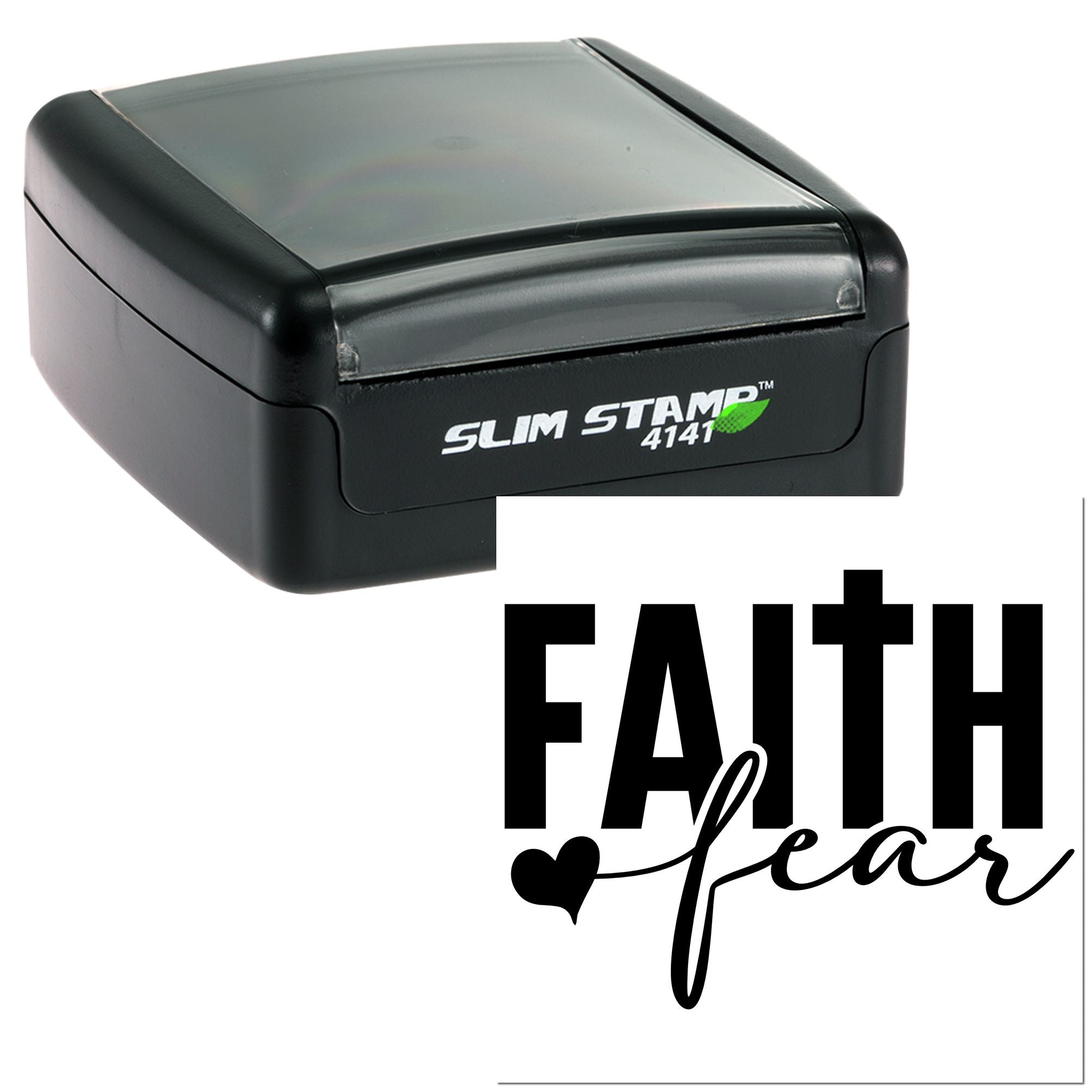 Custom self-inking rubber stamp with Faith Over Fear design and heart, ideal for inspirational crafts and business use.