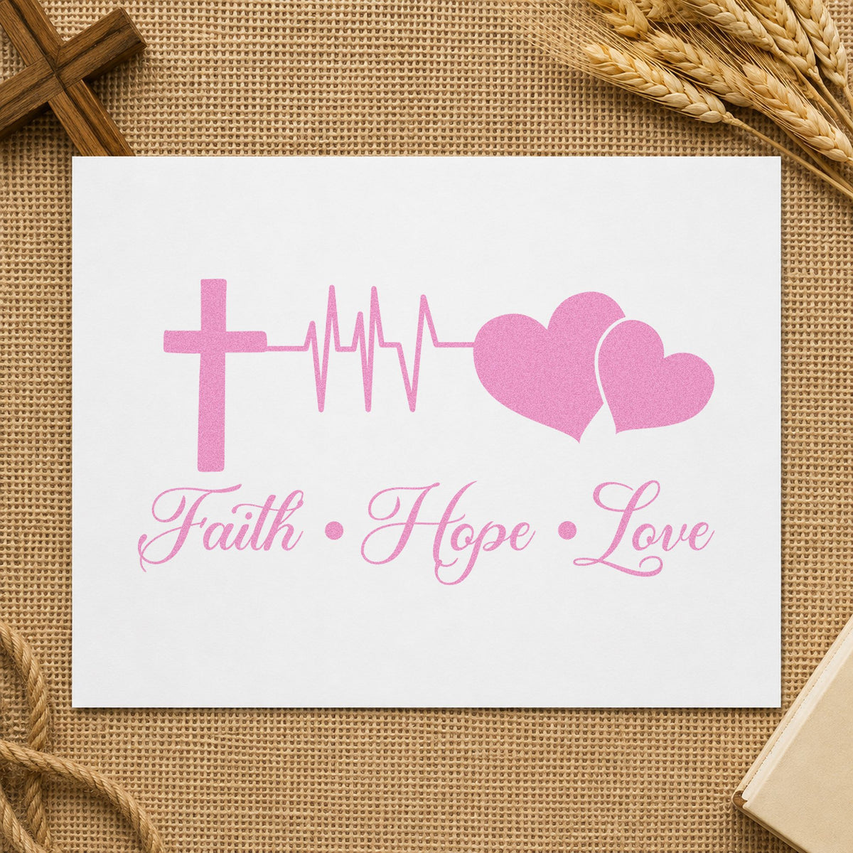 Faith Hope Love Double Heart craft stamp in purple ink on cardstock, an easy option for cardiology office gifts.
