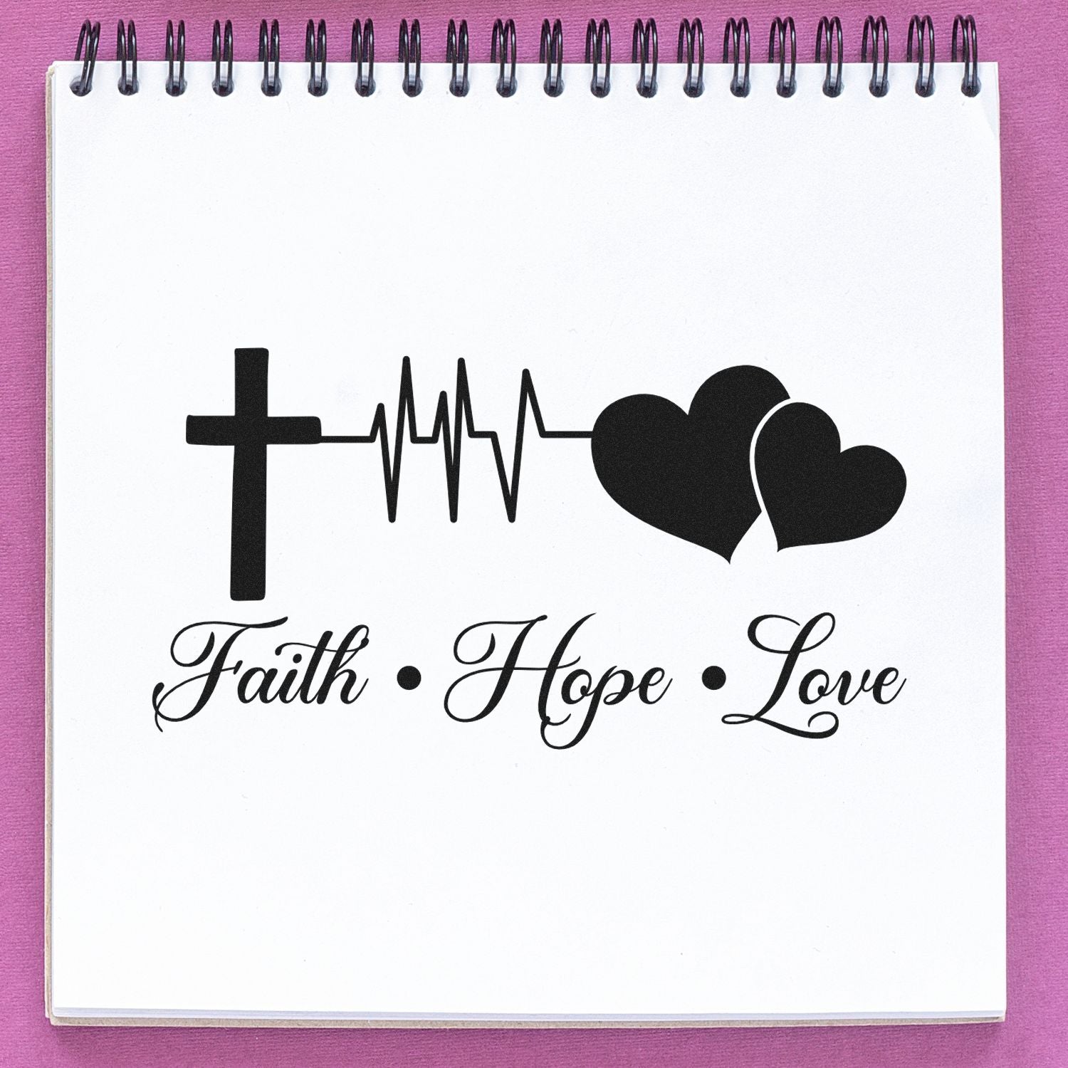 Christian rubber stamp design with cross, heartbeat line, hearts, and Faith Hope Love message for scrapbooking and cards