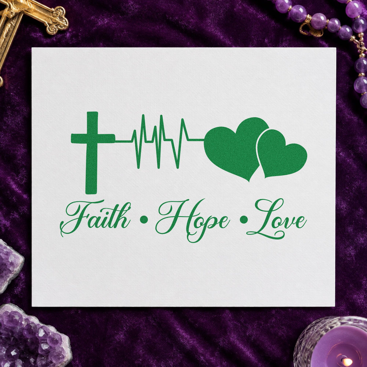 Faith Hope Love Double Heart craft stamp imprint in green ink on a handmade project, one idea being heart walk signs.