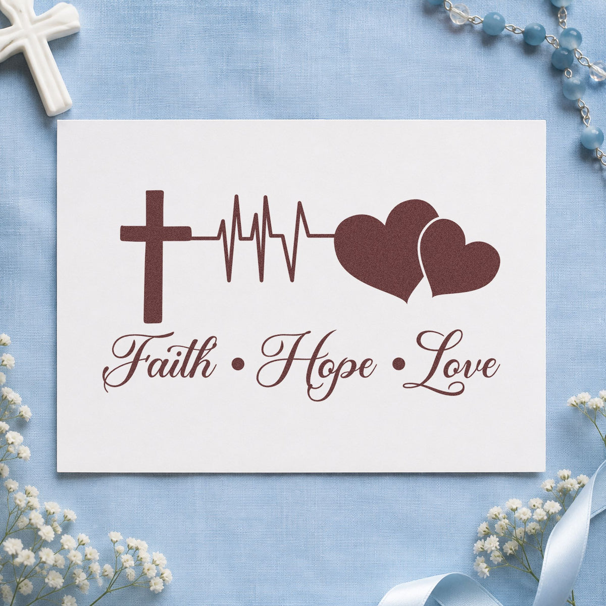 Faith Hope Love Double Heart rubber stamp printed in brown ink, ready for recovery pages and similar paper crafts.