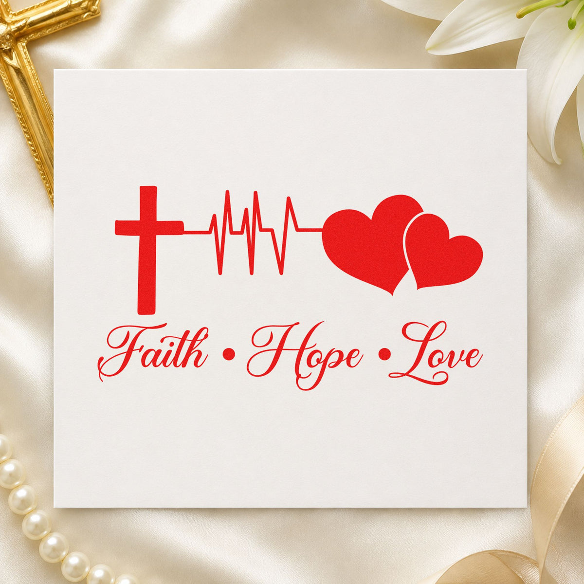 Faith Hope Love Double Heart rubber stamp shown in red ink, stamped for projects such as wedding favor tags.