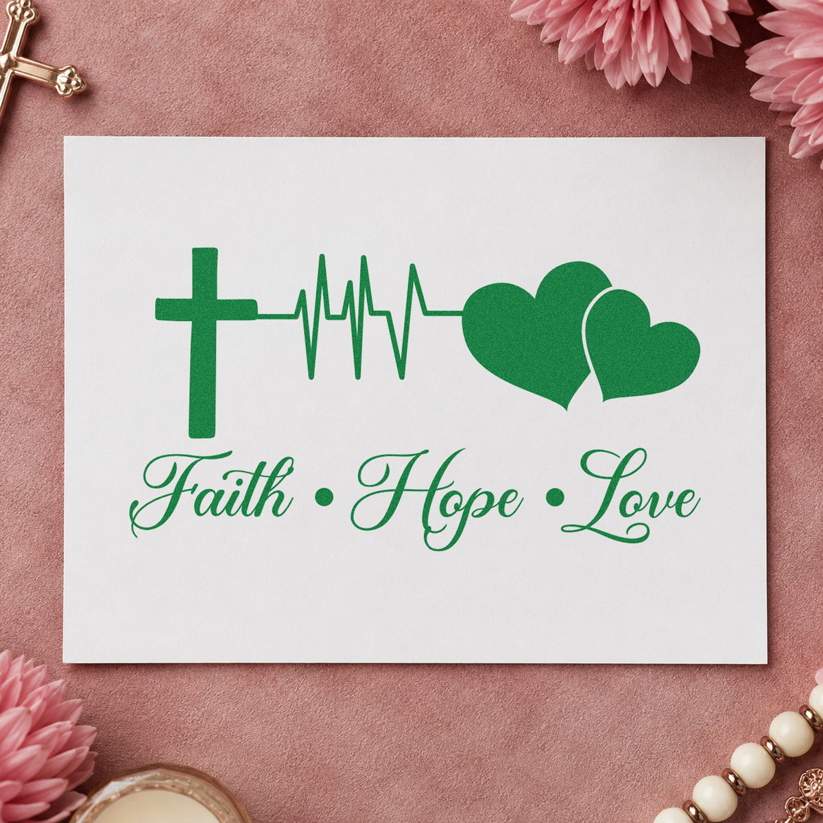 Faith Hope Love Double Heart craft stamp imprint in green ink on a handmade project, one idea being framed clinic art.