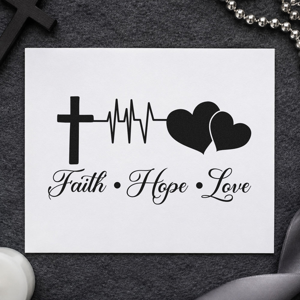 Faith Hope Love Double Heart rubber stamp printed in black ink, ready for two hearts cards and similar paper crafts.