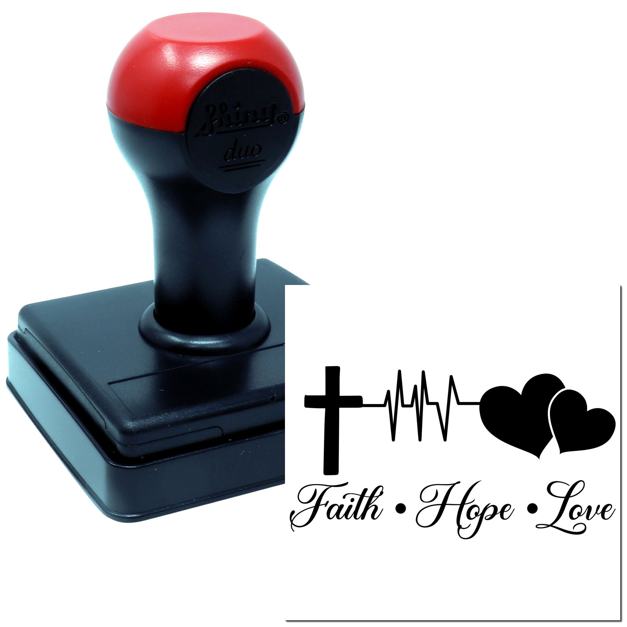 Self-inking rubber stamp with Faith Hope Love cross, heartbeat and hearts design for Christian crafting and card making.