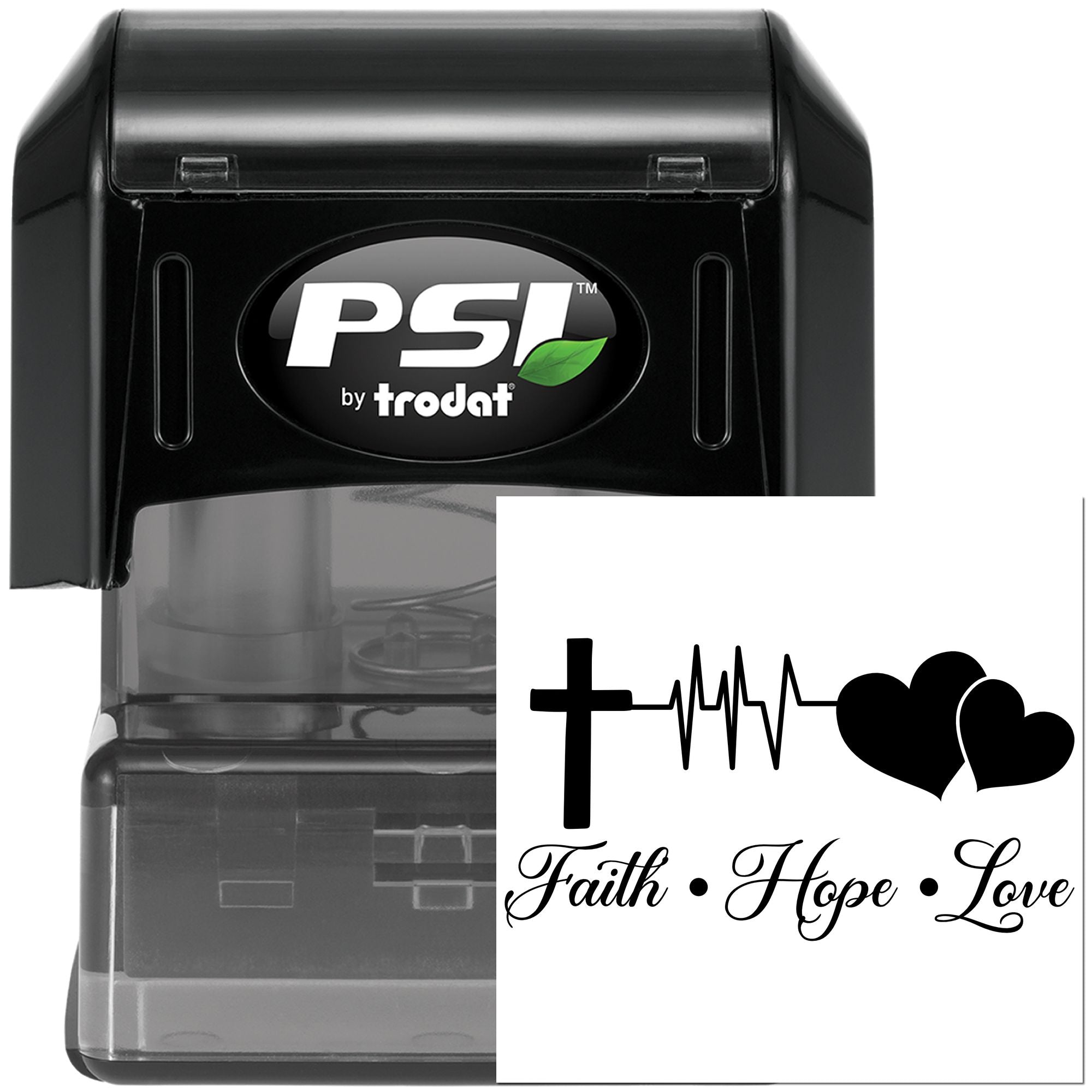 PSI by Trodat self-inking rubber stamp with Christian Faith Hope Love design, cross, heartbeat line and hearts.