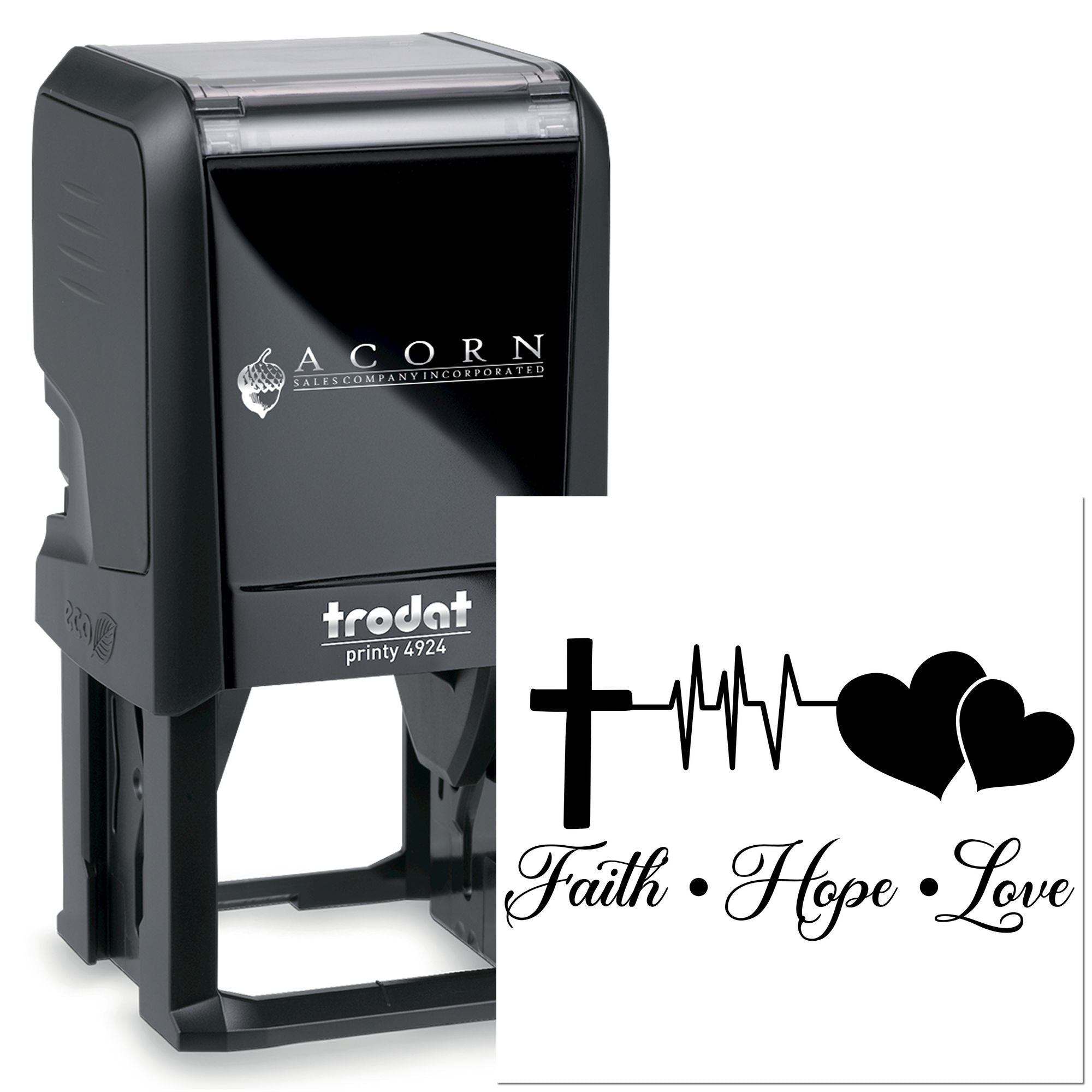 Custom self-inking rubber stamp featuring Faith Hope Love cross and hearts design for church or inspirational use.