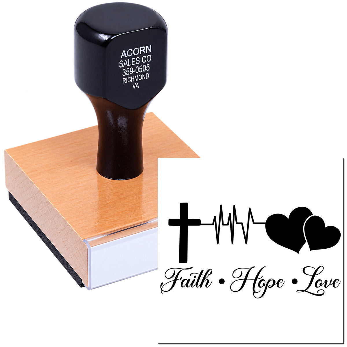 Custom wooden rubber stamp with Faith Hope Love Christian design, cross, heartbeat and hearts for inspirational crafts.