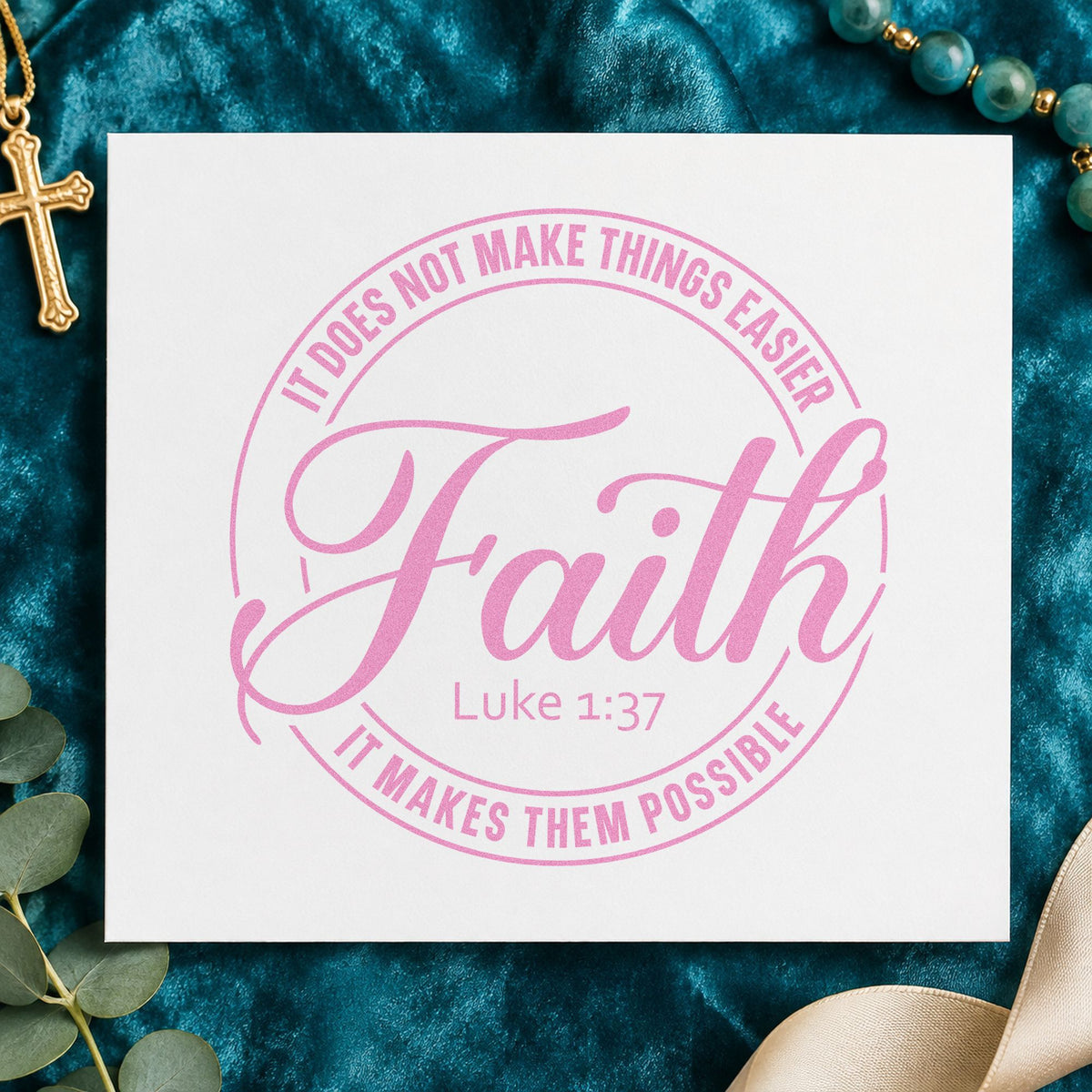 Faith Makes Possible Circle craft stamp in purple ink on cardstock, an easy option for round label seals.
