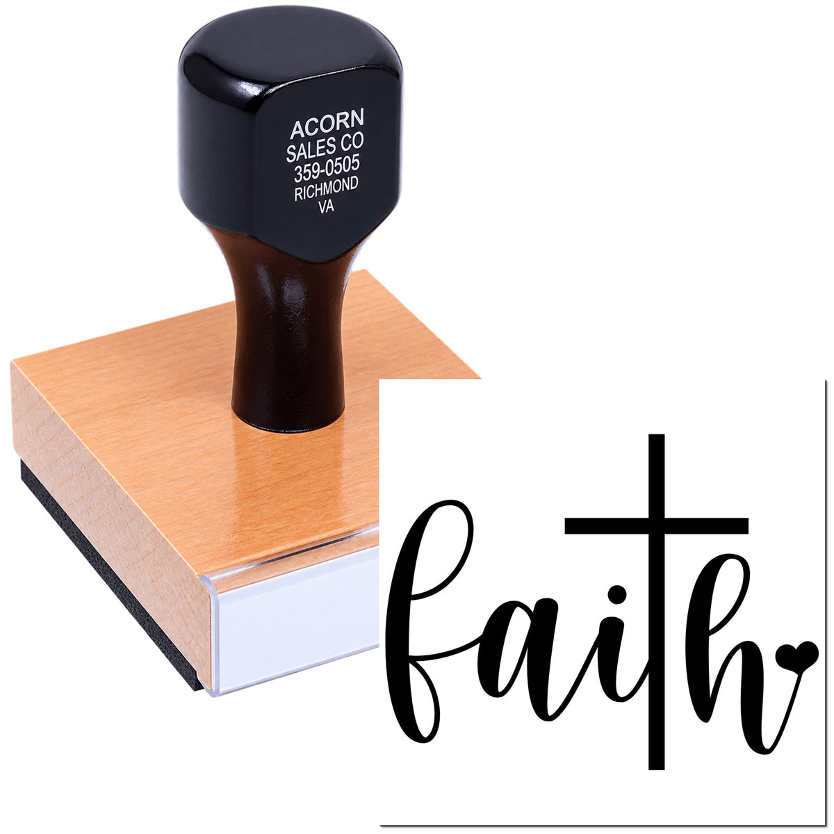Wood-mounted Christian faith rubber stamp with cross design for handmade cards, scrapbooking, and church crafts.