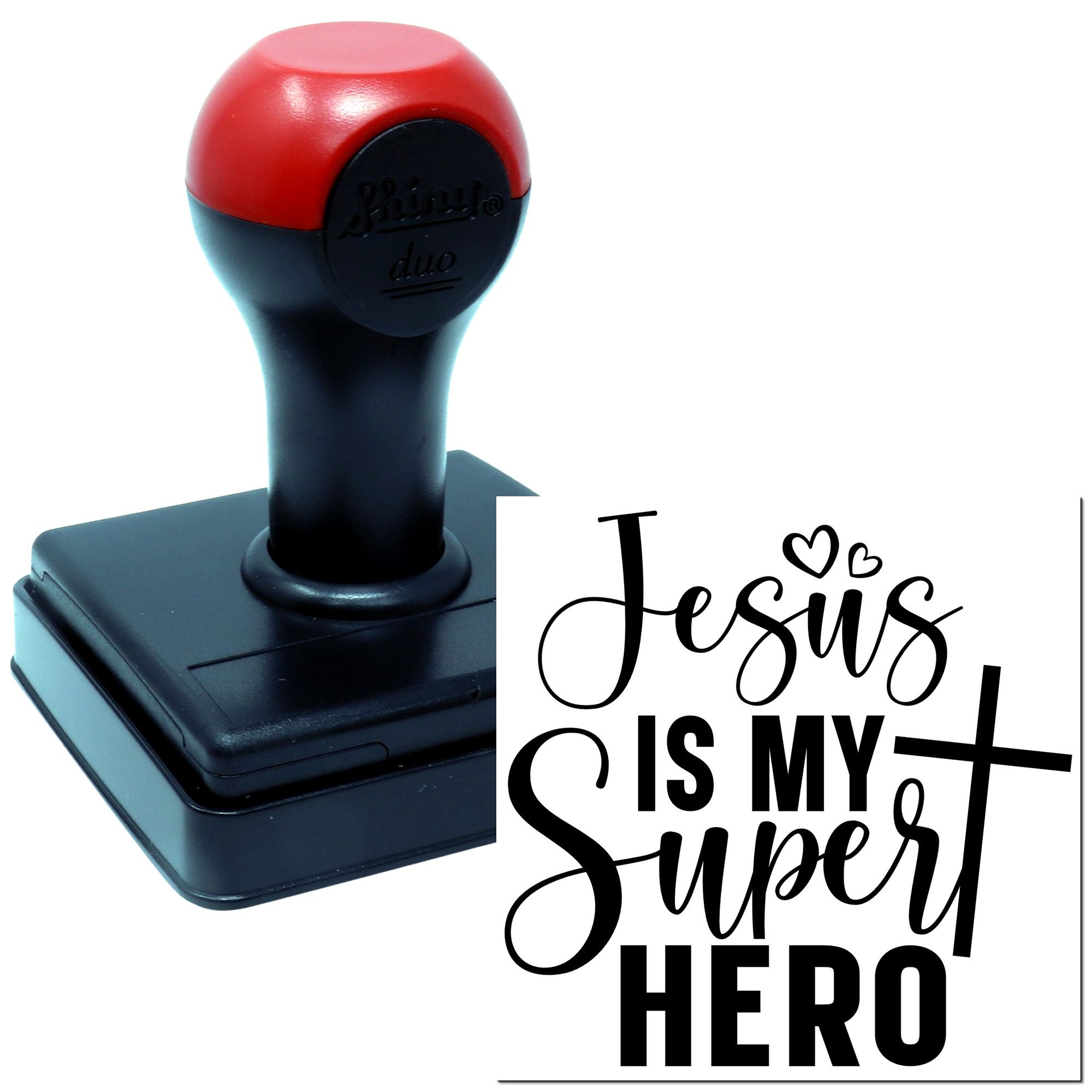 Custom self-inking rubber stamp with Jesus is my Super Hero design, cross and hearts for faith-based crafting.