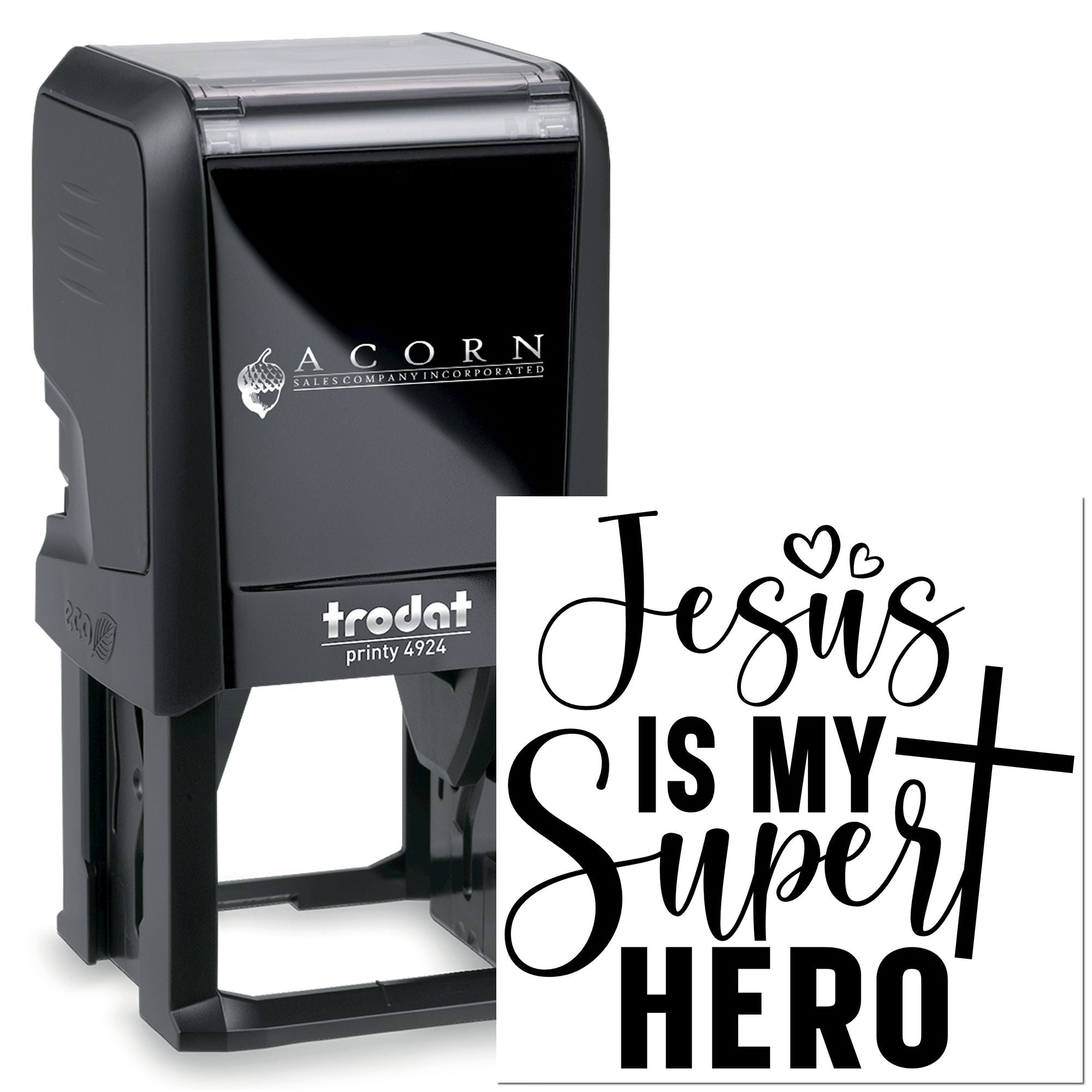 Custom self-inking rubber stamp with Jesus Is My Super Hero design for Christian crafts and faith-based branding.