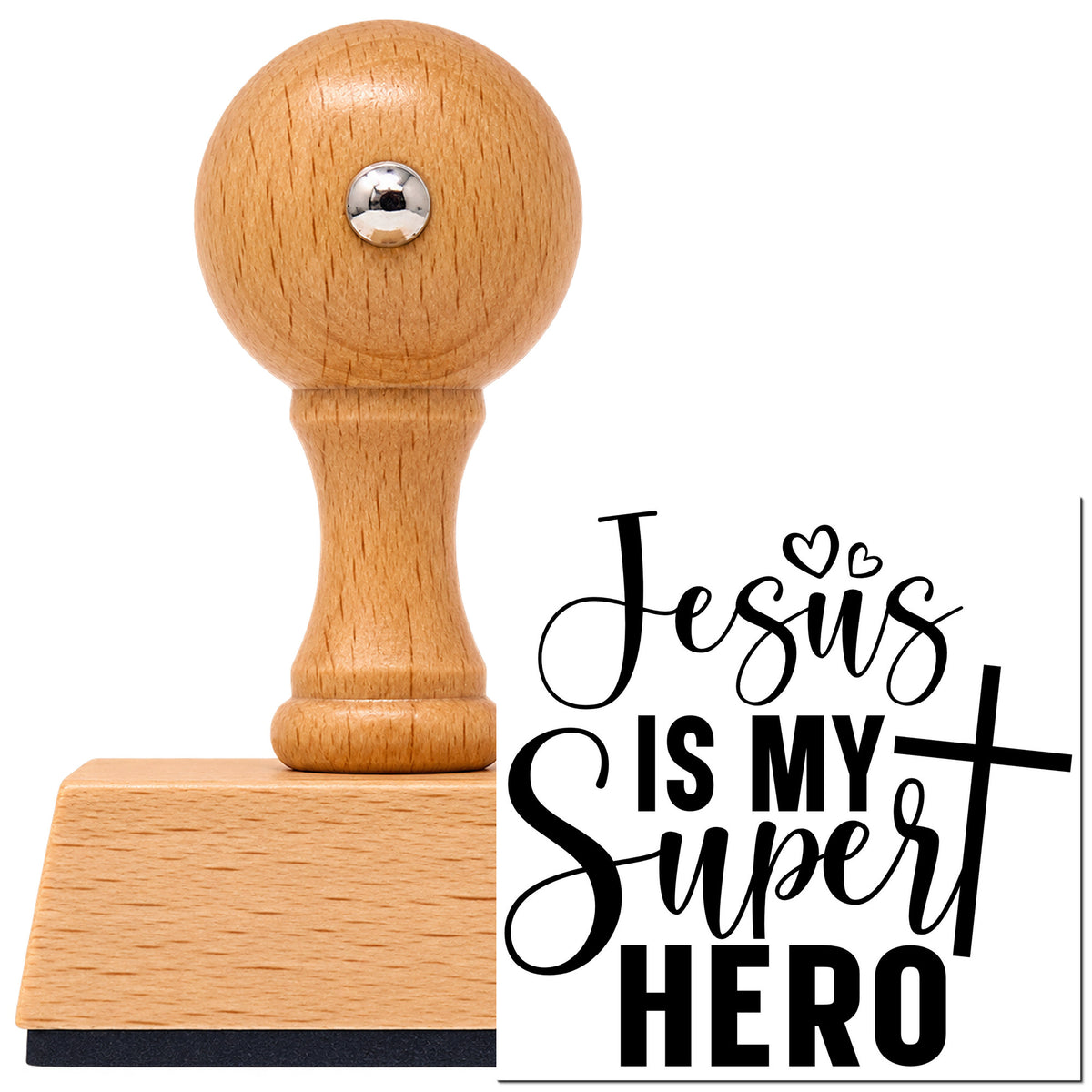 Jesus Is My Superhero Vintage Pro rubber stamp in European beech wood with a round knob handle, shown beside its black imprint.